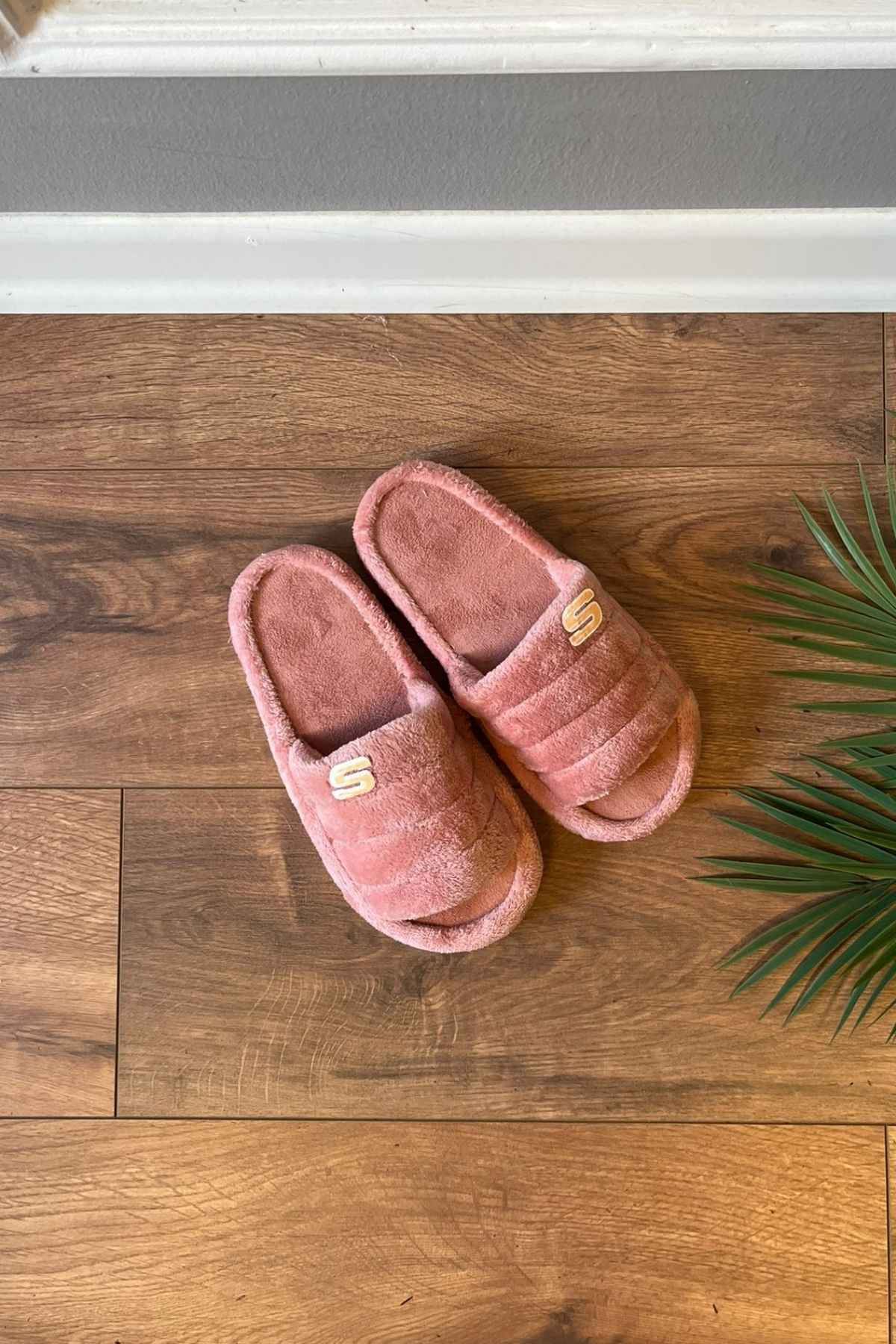  Teri Pudra Kadife S Baskı Detaylı  Önü Açık  Ev Terliği  