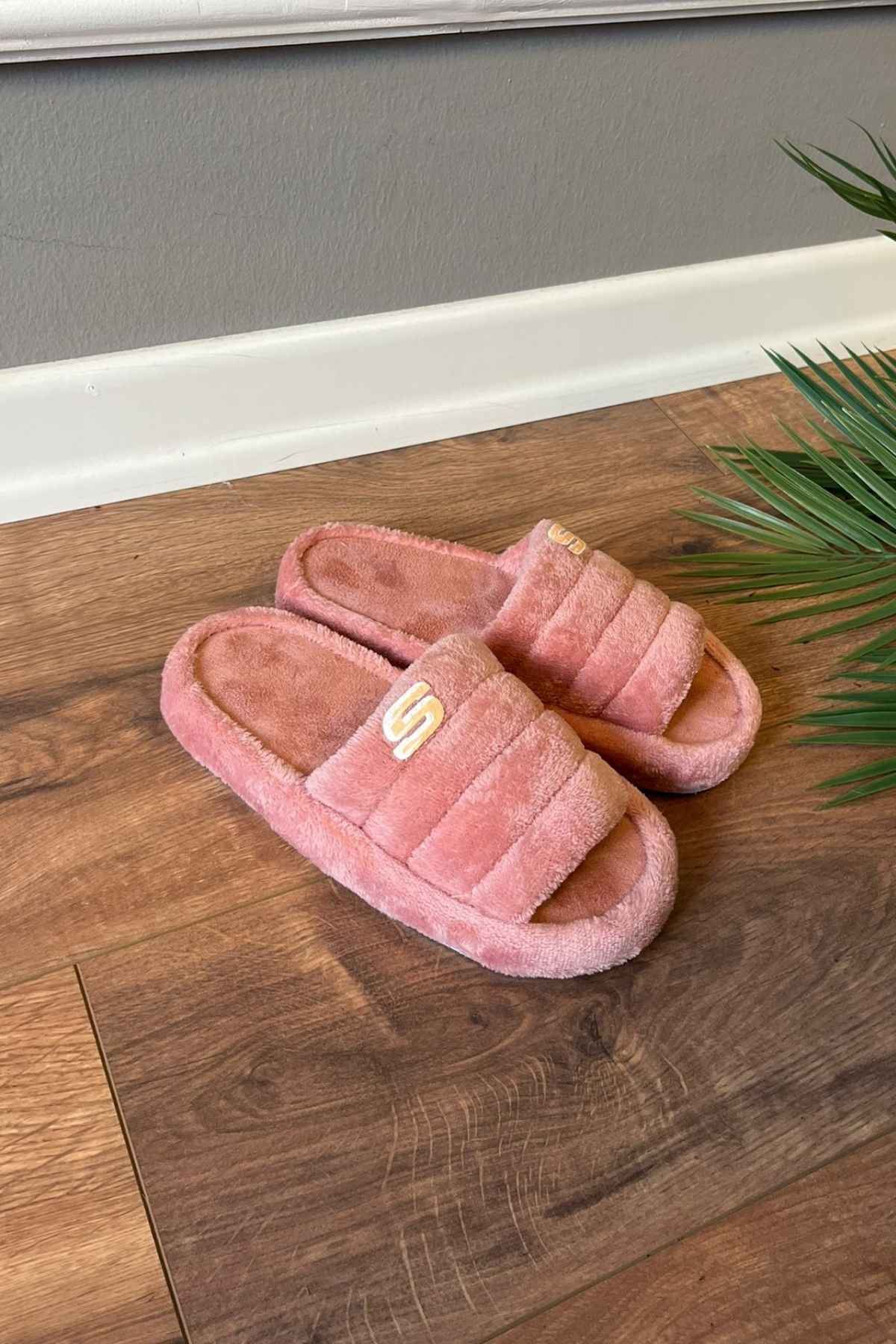  Teri Pudra Kadife S Baskı Detaylı  Önü Açık  Ev Terliği  