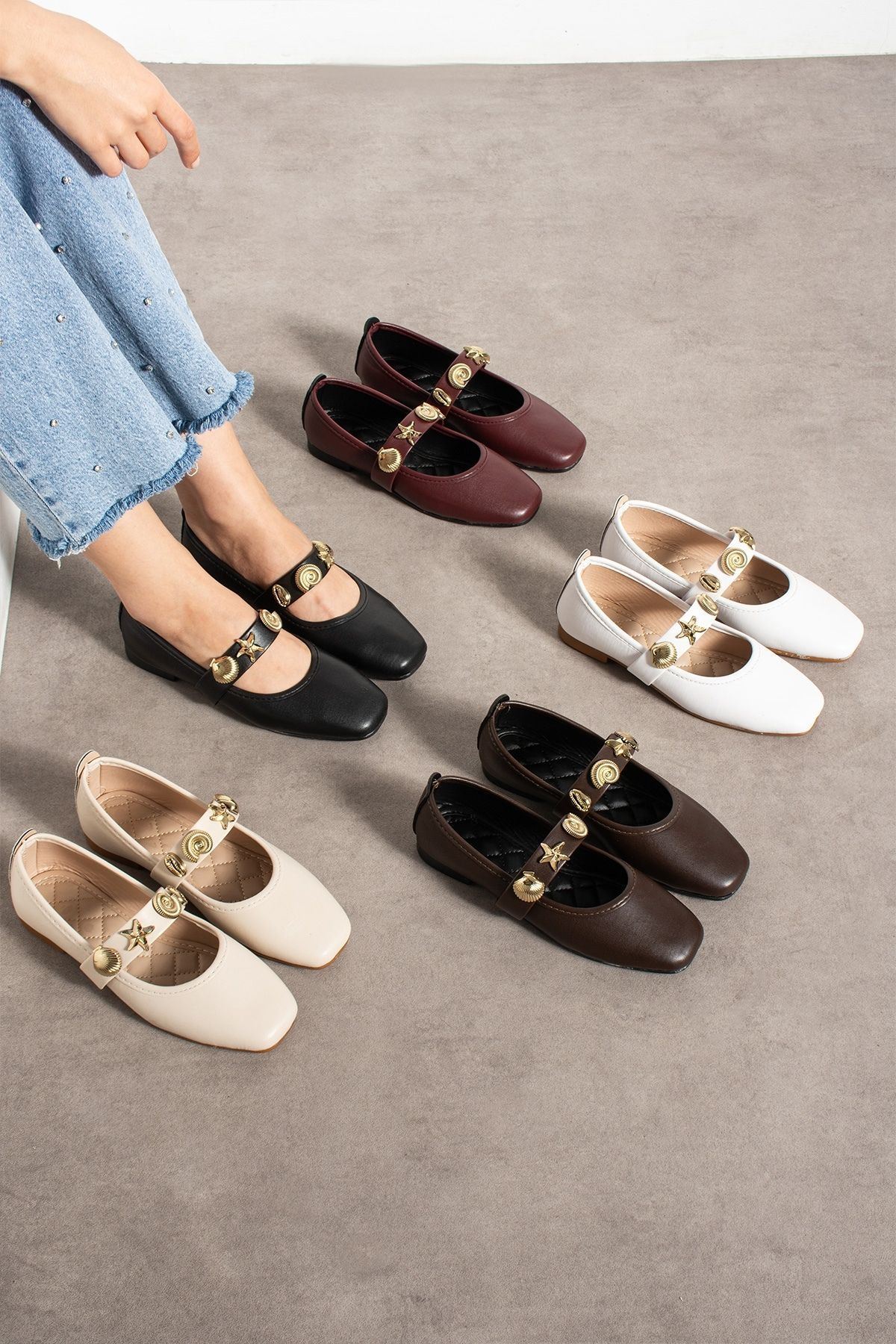 Marina Bej Cilt Deniz Kabuğu Yıldız Aksesuar Bantlı Babet