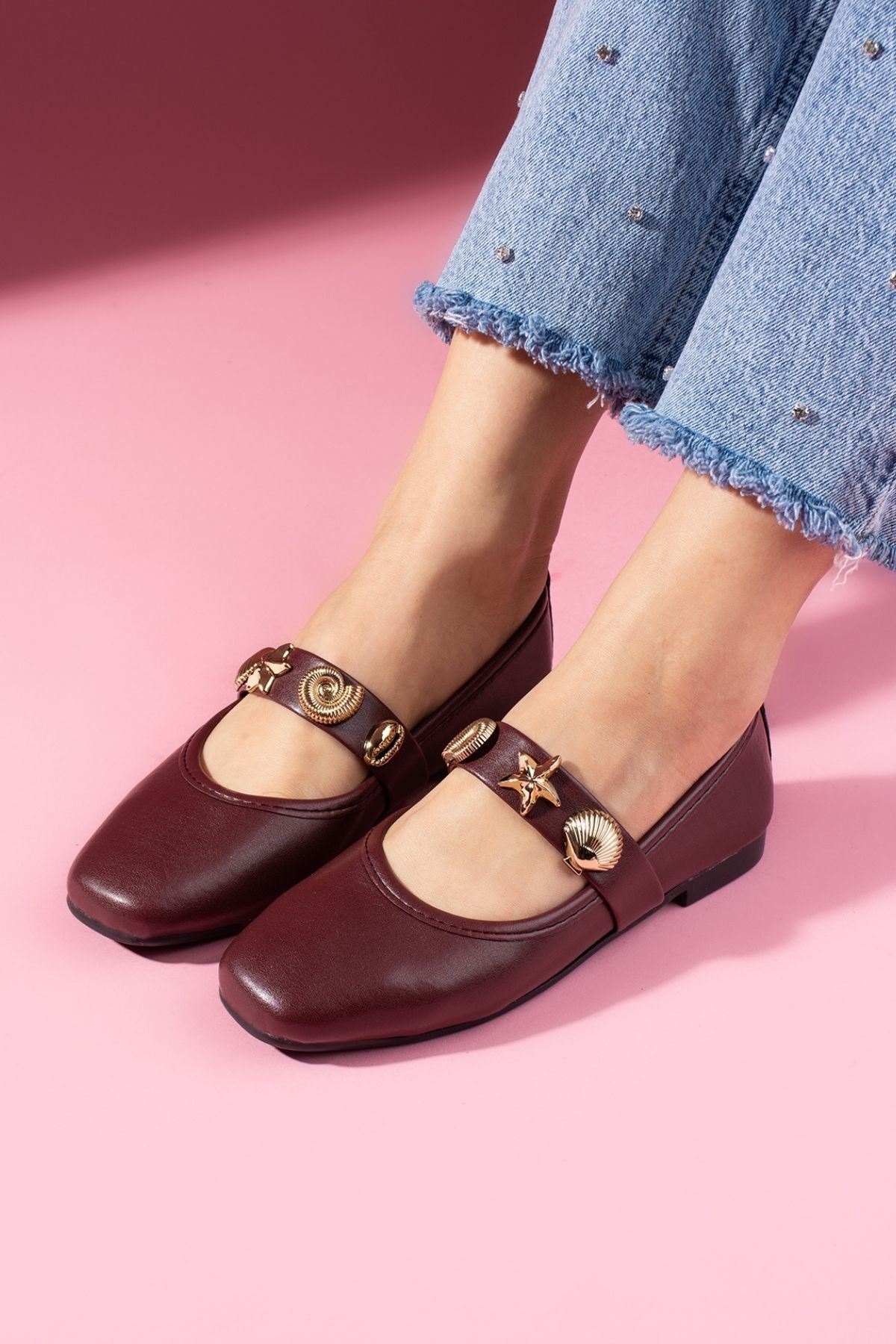 Marina Bordo Cilt Deniz Kabuğu Yıldız Aksesuar Bantlı Babet