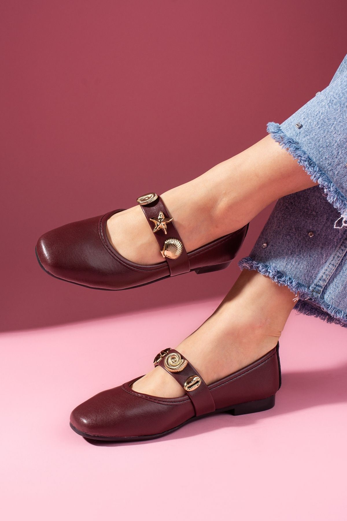 Marina Bordo Cilt Deniz Kabuğu Yıldız Aksesuar Bantlı Babet