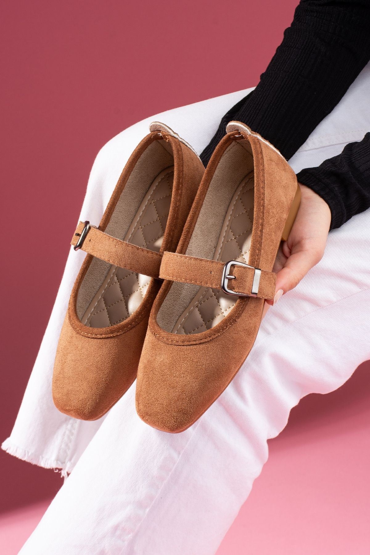 Lorena Taba Süet Gold Tokalı Kalın Bantlı Babet