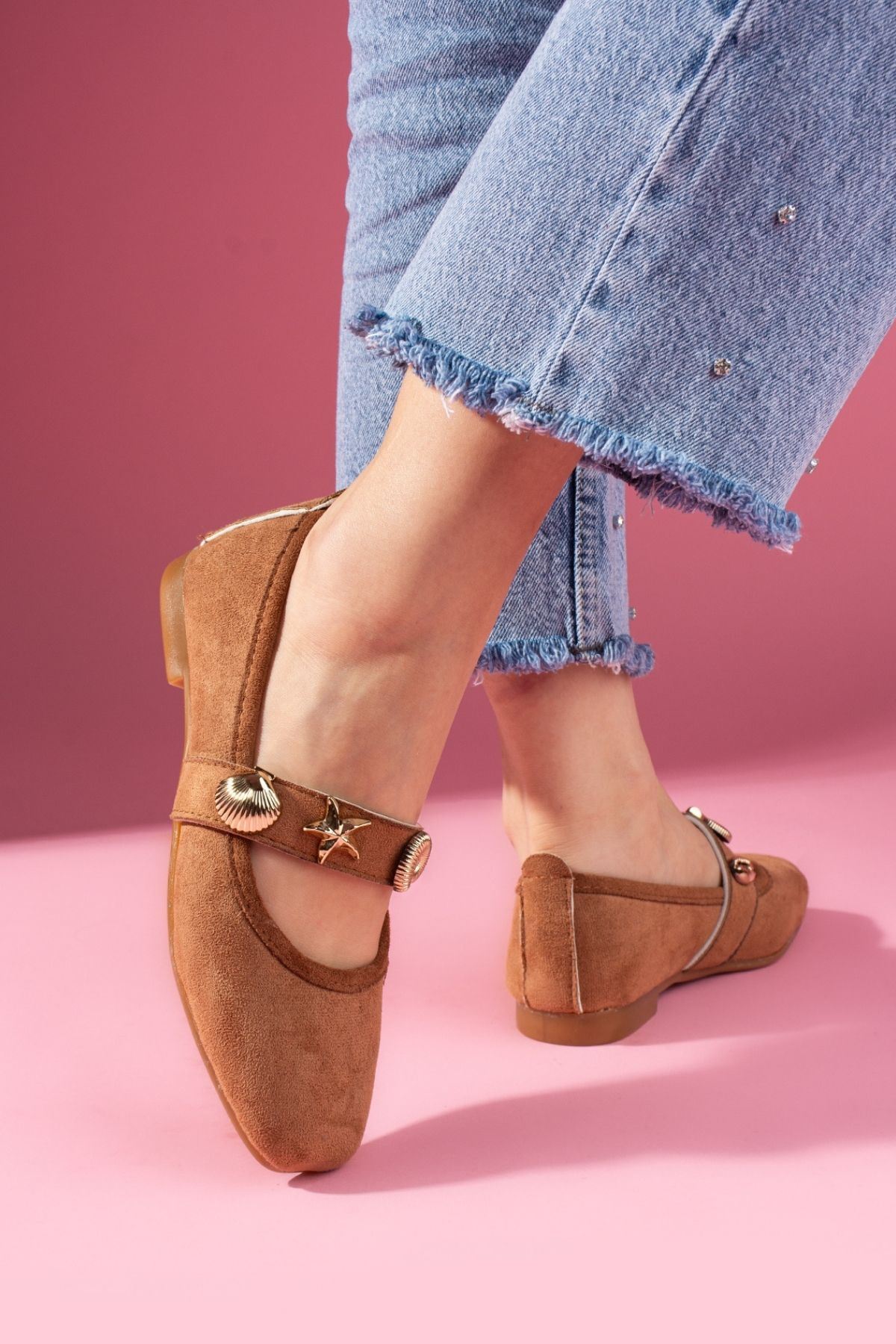 Marina Taba Süet Deniz Kabuğu Yıldız Aksesuar Bantlı Babet