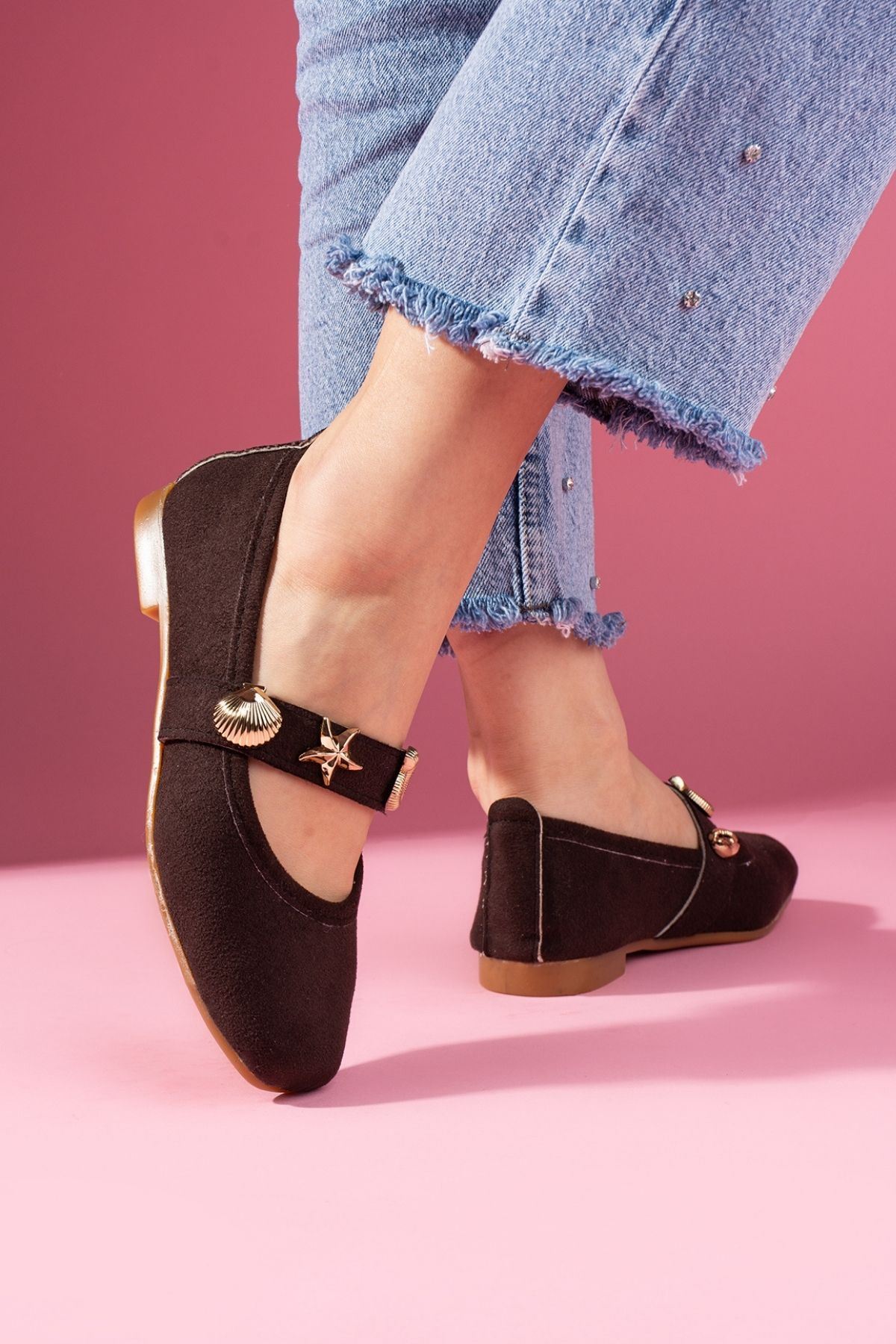 Marina Kahverengi Süet Deniz Kabuğu Yıldız Aksesuar Bantlı Babet