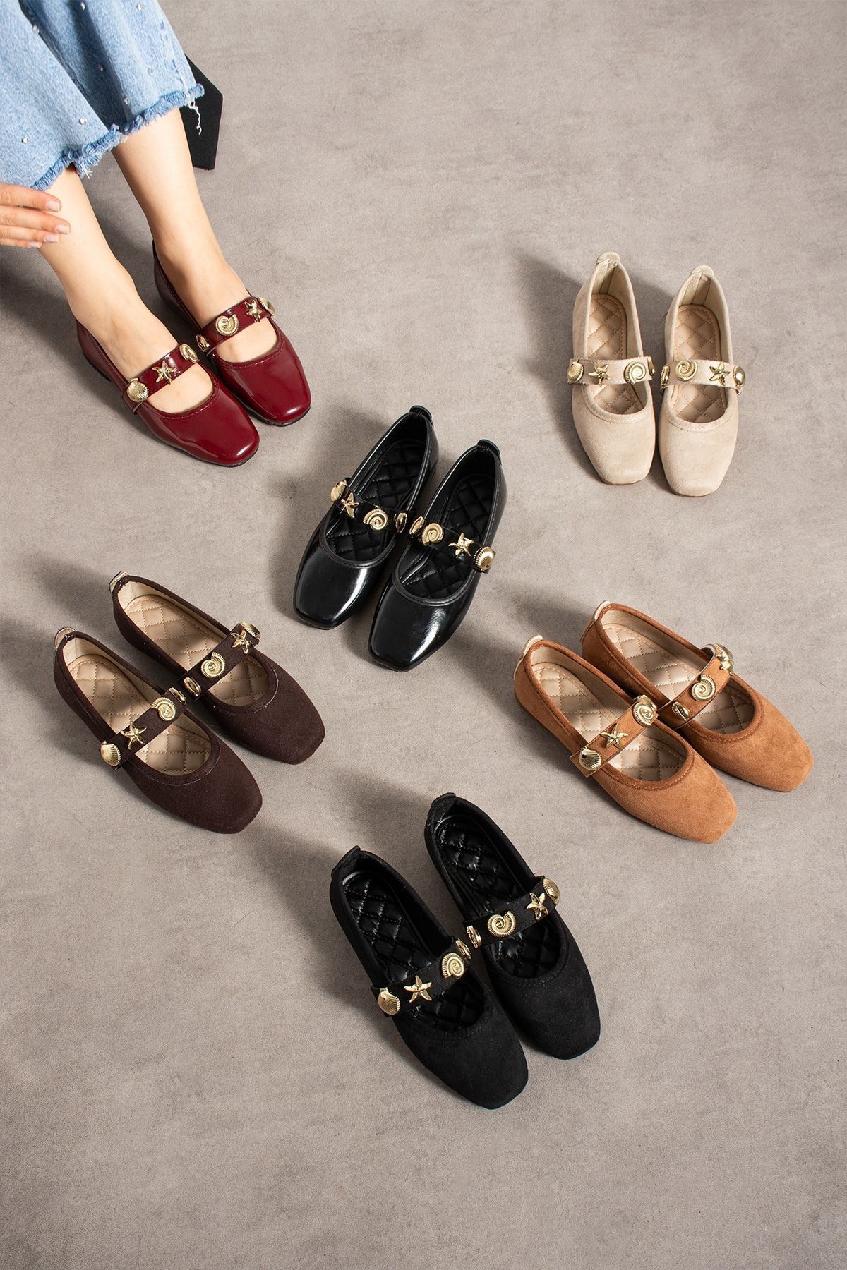 Marina Siyah Süet Deniz Kabuğu Yıldız Aksesuar Bantlı Babet