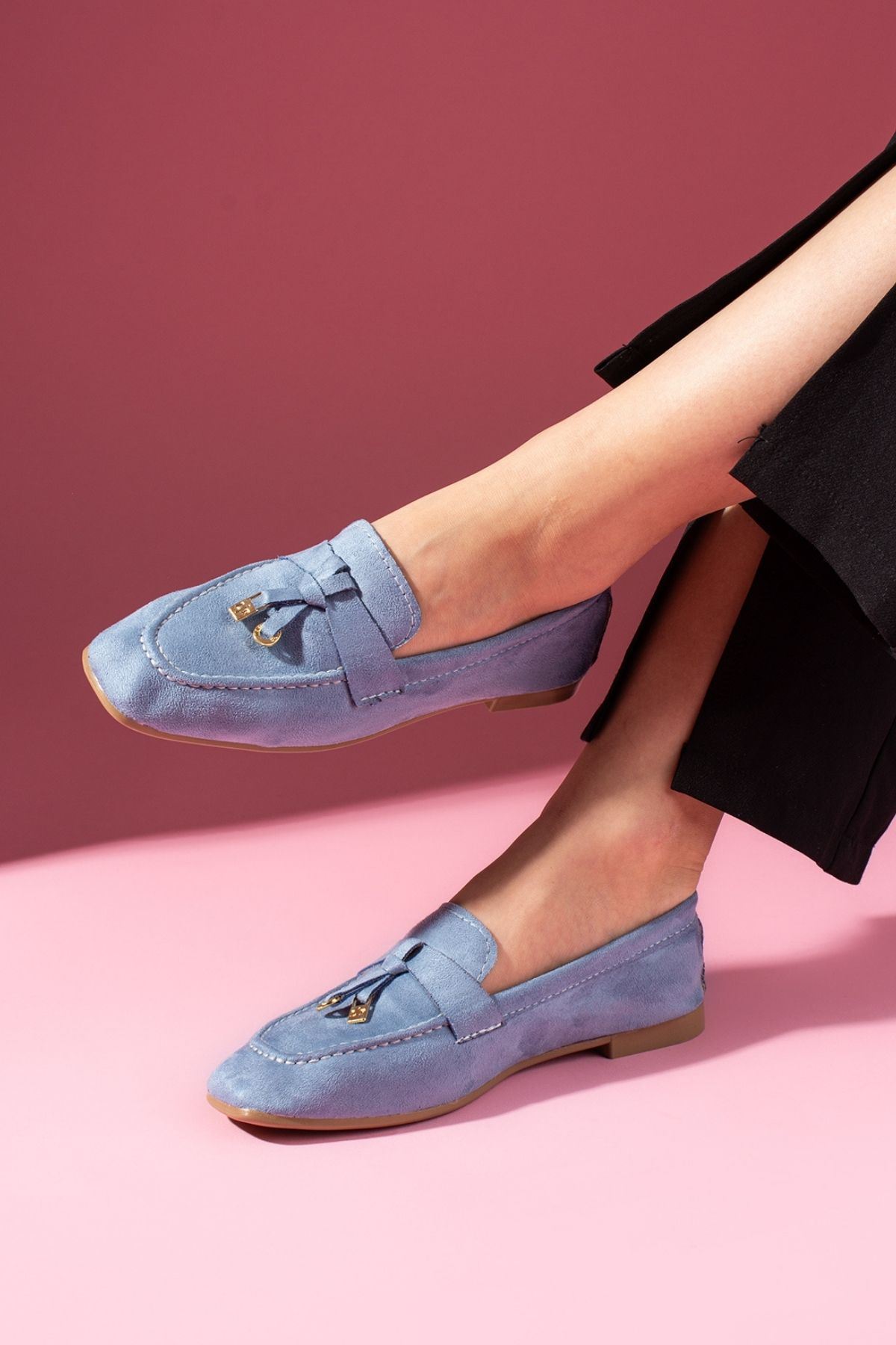 Viona Bebe Mavisi Süet Saraçlı Mini Fiyonk Aksesuarlı Loafer Babet