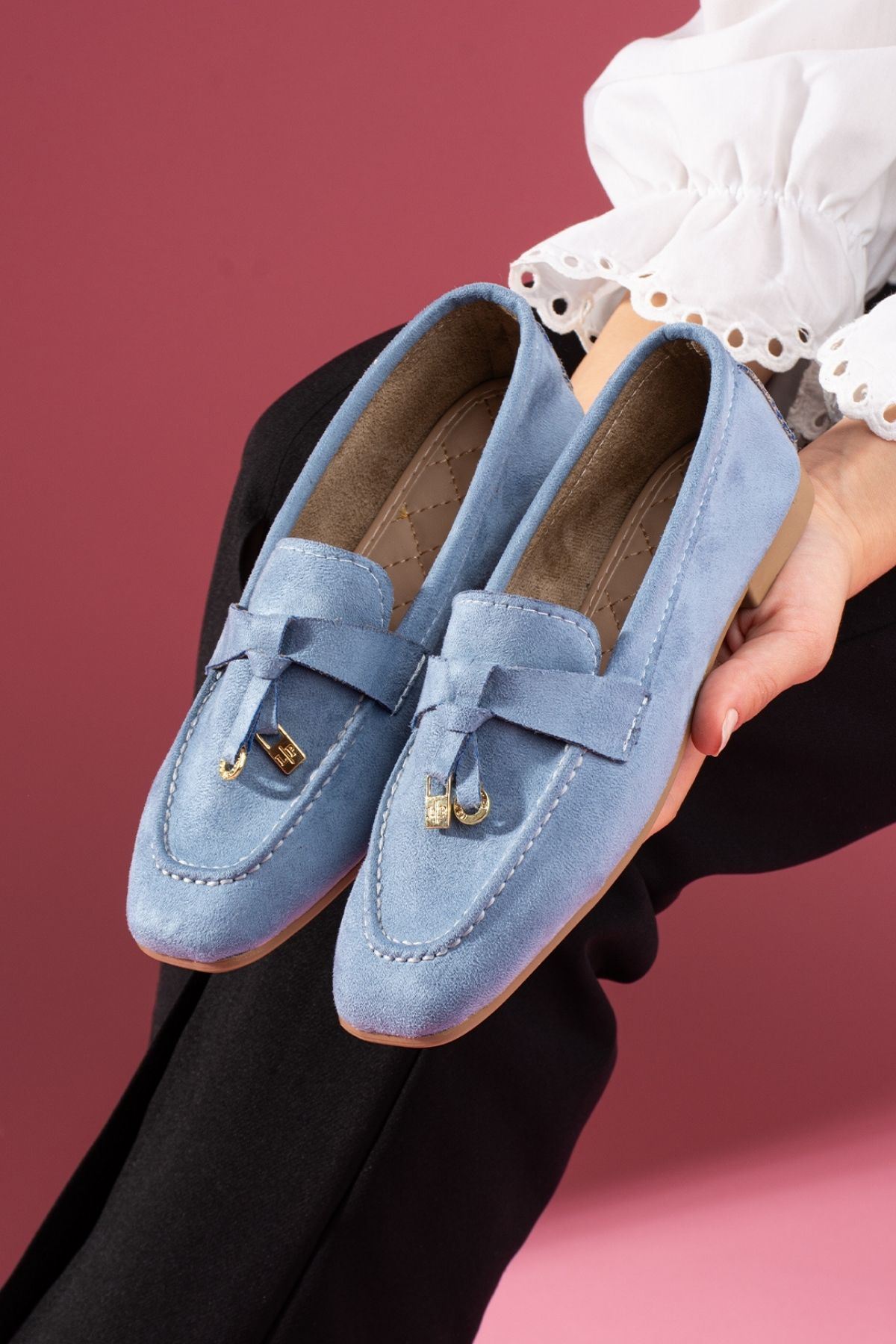 Viona Bebe Mavisi Süet Saraçlı Mini Fiyonk Aksesuarlı Loafer Babet