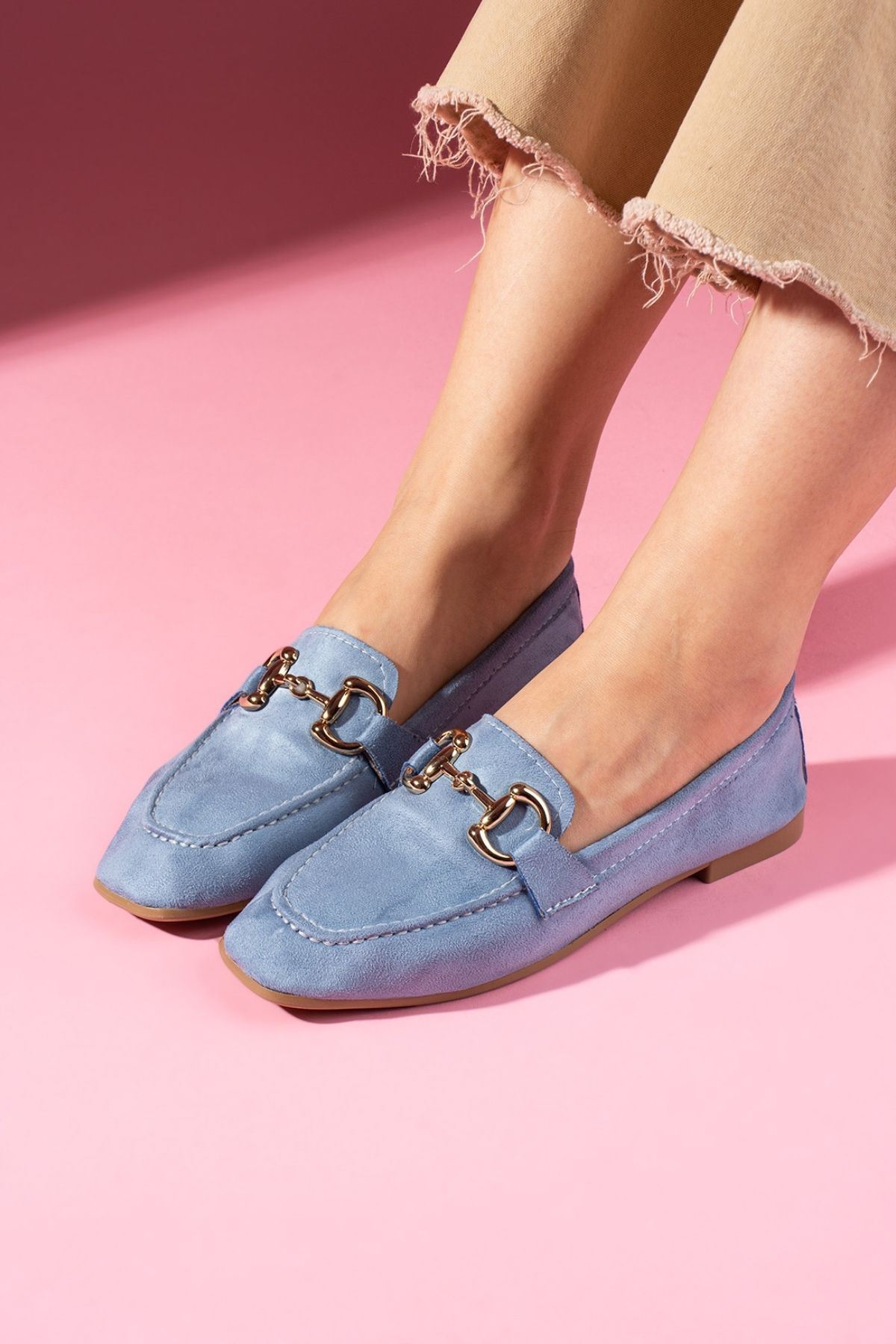 Arven Bebe Mavisi Süet Saraçlı Gold Tokalı Loafer Babet