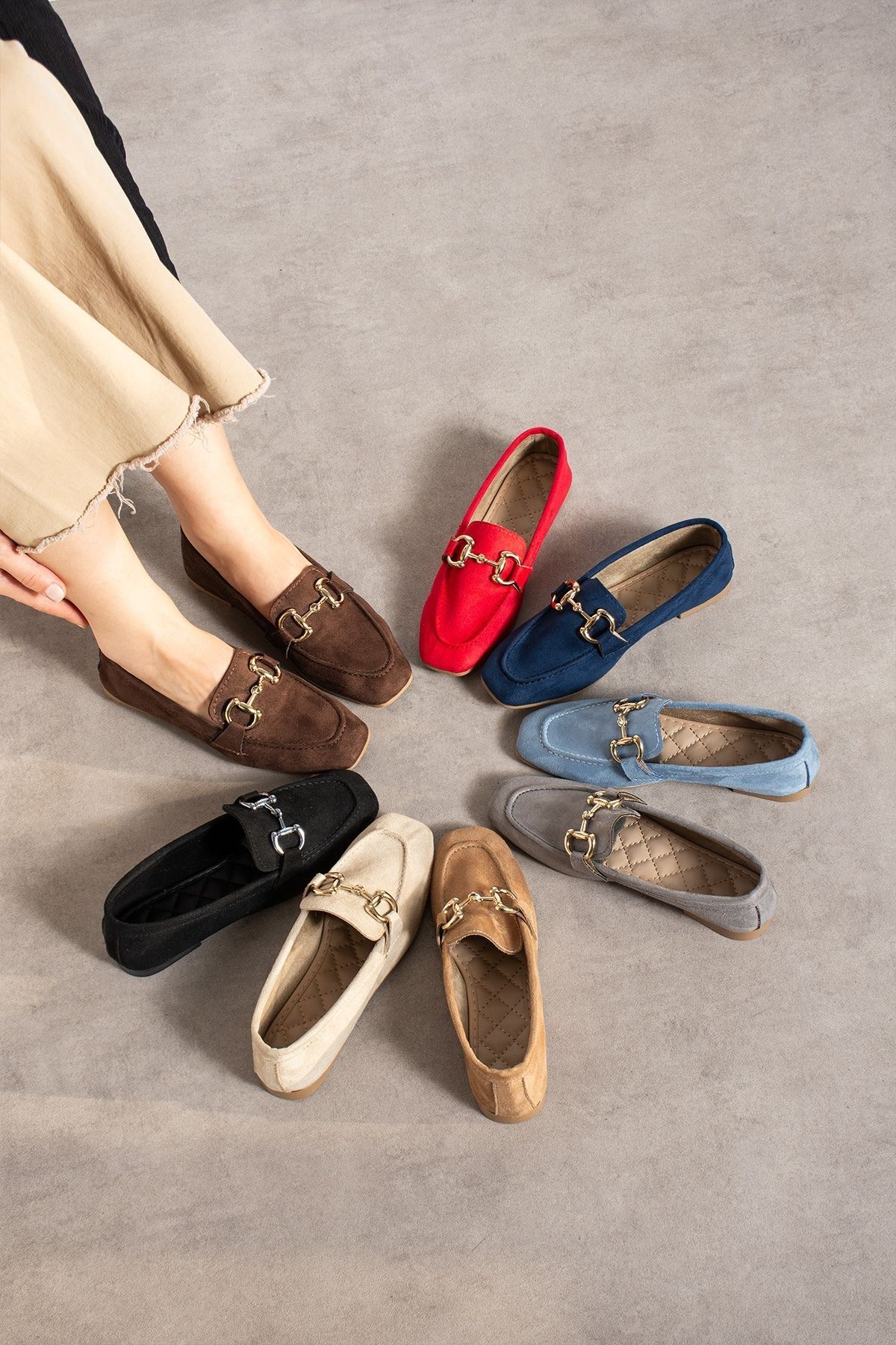 Arven Bebe Mavisi Süet Saraçlı Gold Tokalı Loafer Babet