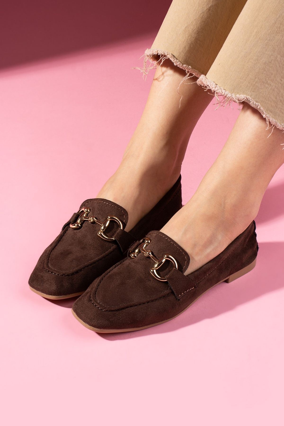 Arven Kahverengi Süet Saraçlı Gold Tokalı Loafer Babet