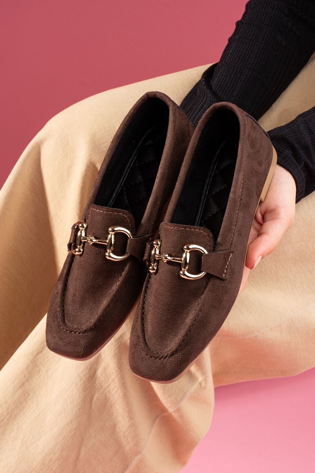 Arven Kahverengi Süet Saraçlı Gold Tokalı Loafer Babet