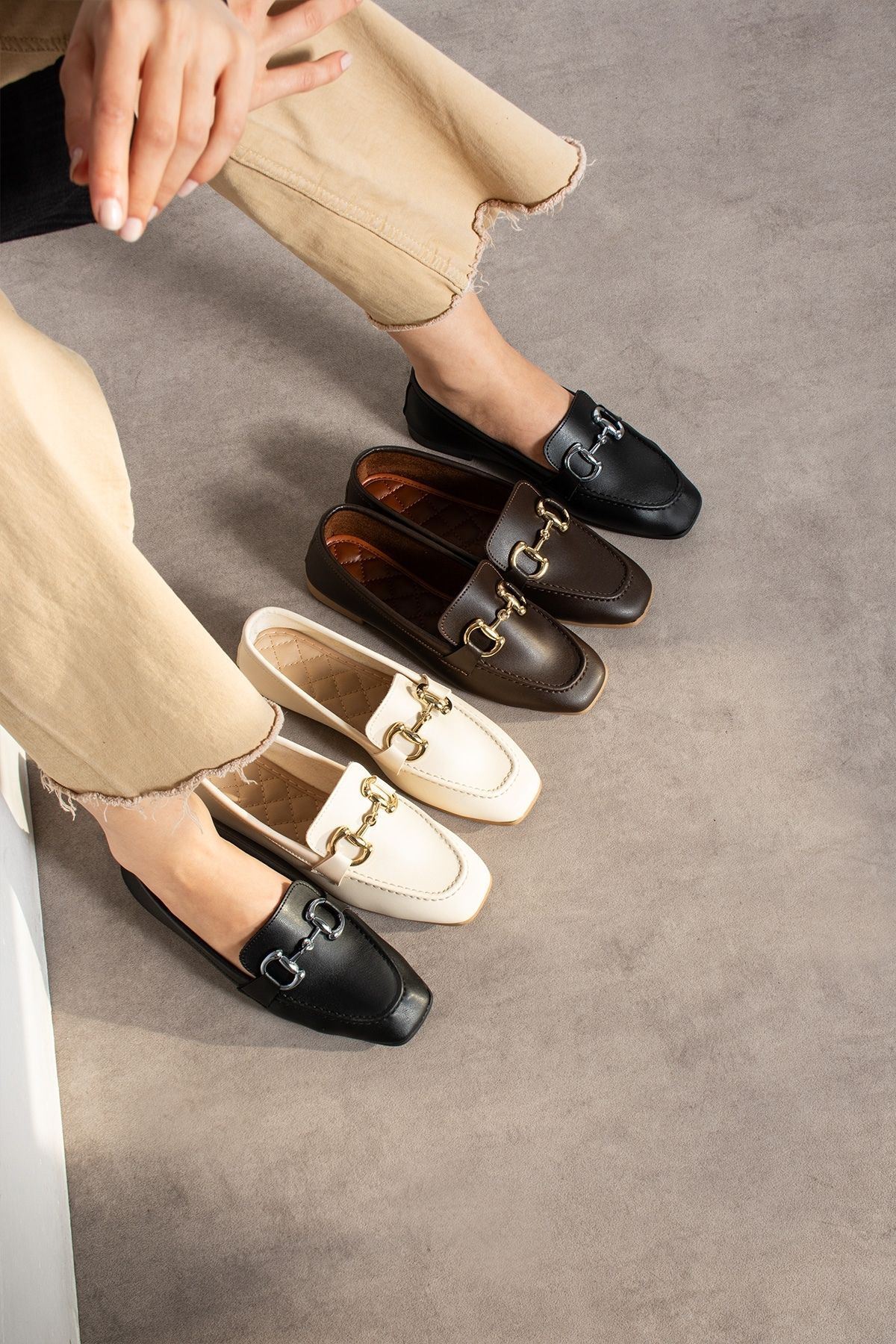 Arven Kahverengi Cilt Saraçlı Gold Tokalı Loafer Babet