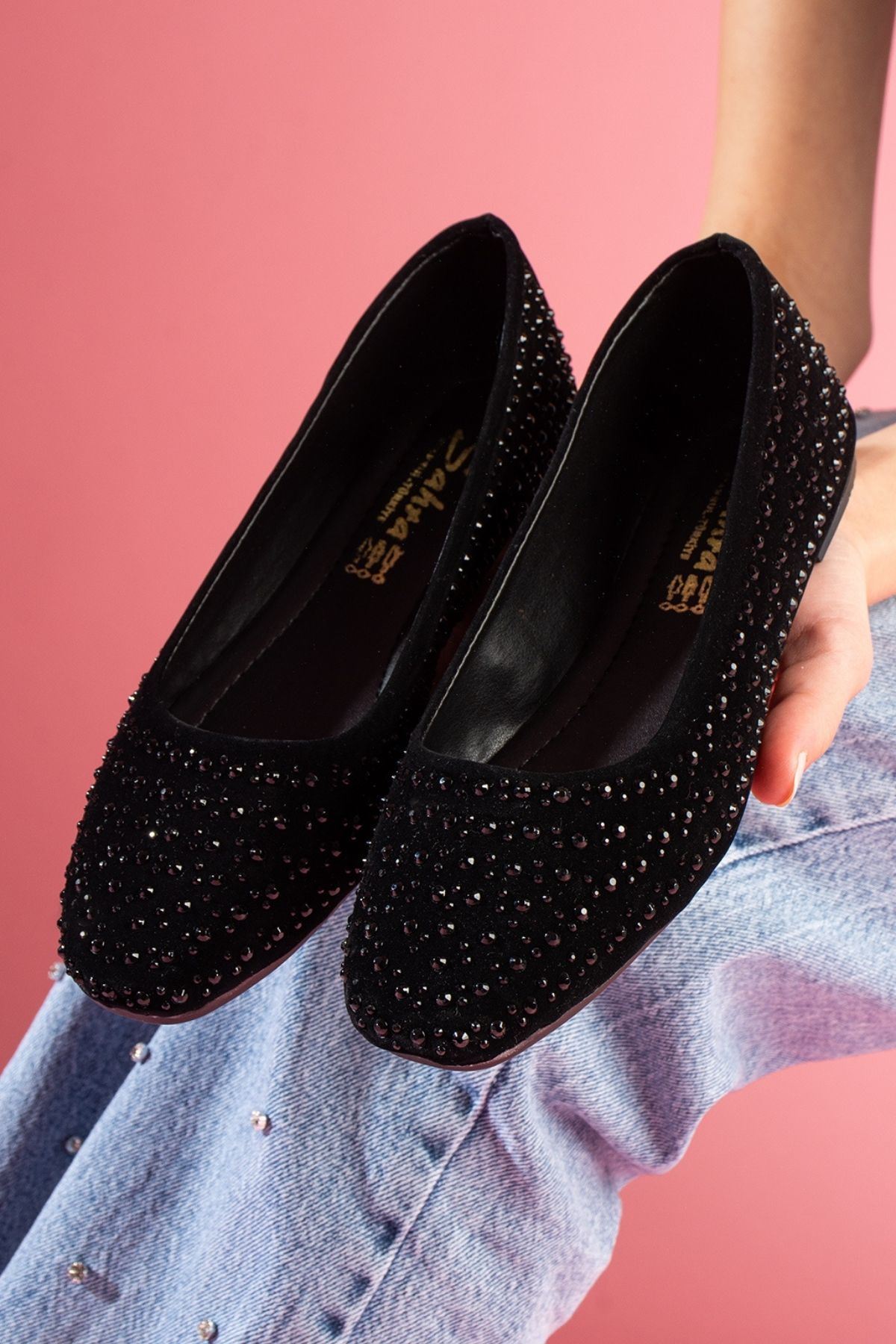 Clarice Siyah Süet Taş İşlemeli Babet