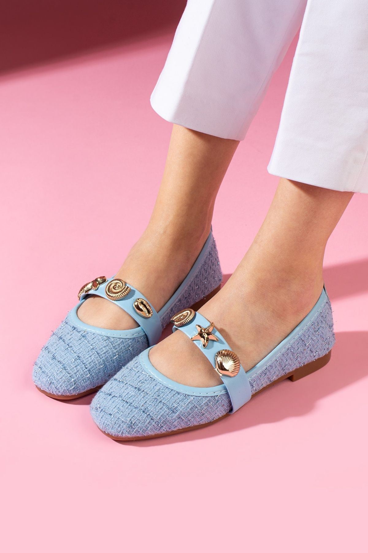 Veneta Bebe Mavisi Simli Kumaş Deniz Kabuğu Yıldız Aksesuar Bantlı Babet