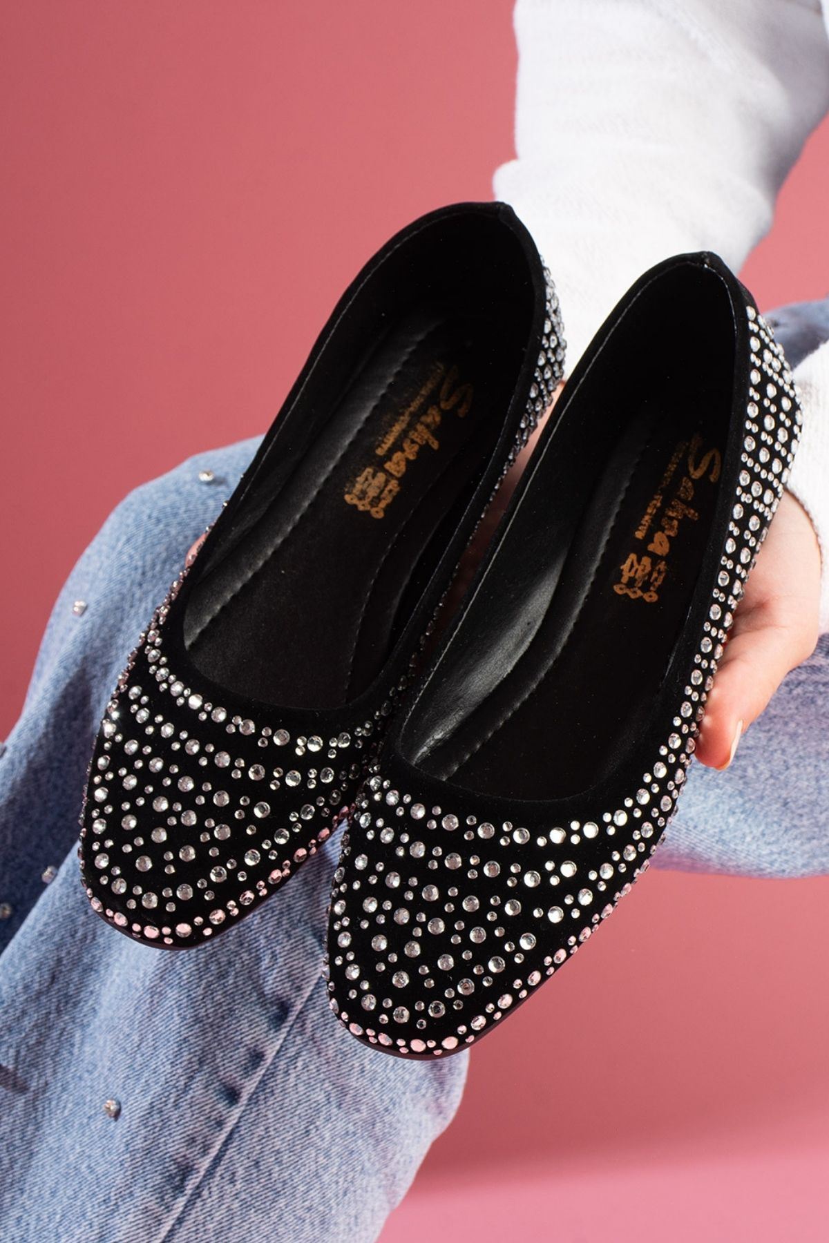 Clarice Siyah Süet Kristal Taş İşlemeli Babet