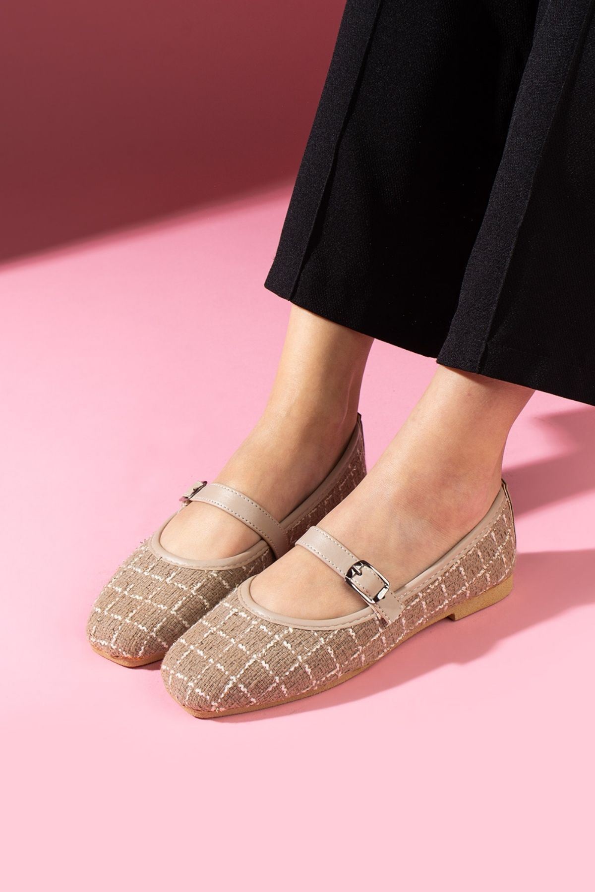 Camelia Vizon Simli Kumaş Nikel Tokalı Kemer Bantlı Babet