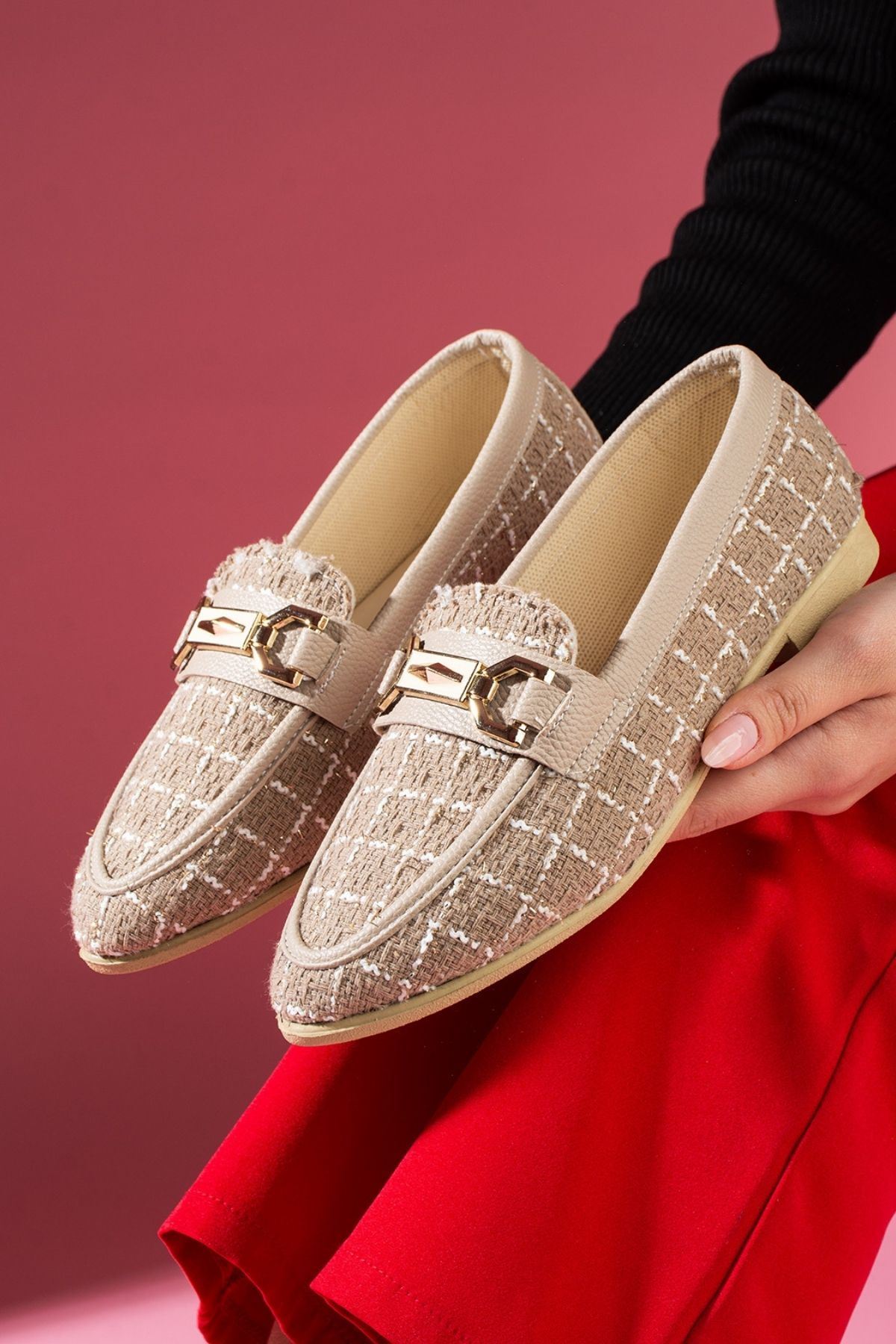 Cassia Vizon Simli Kumaş Gold Zincir Aksesuarlı Loafer Babet