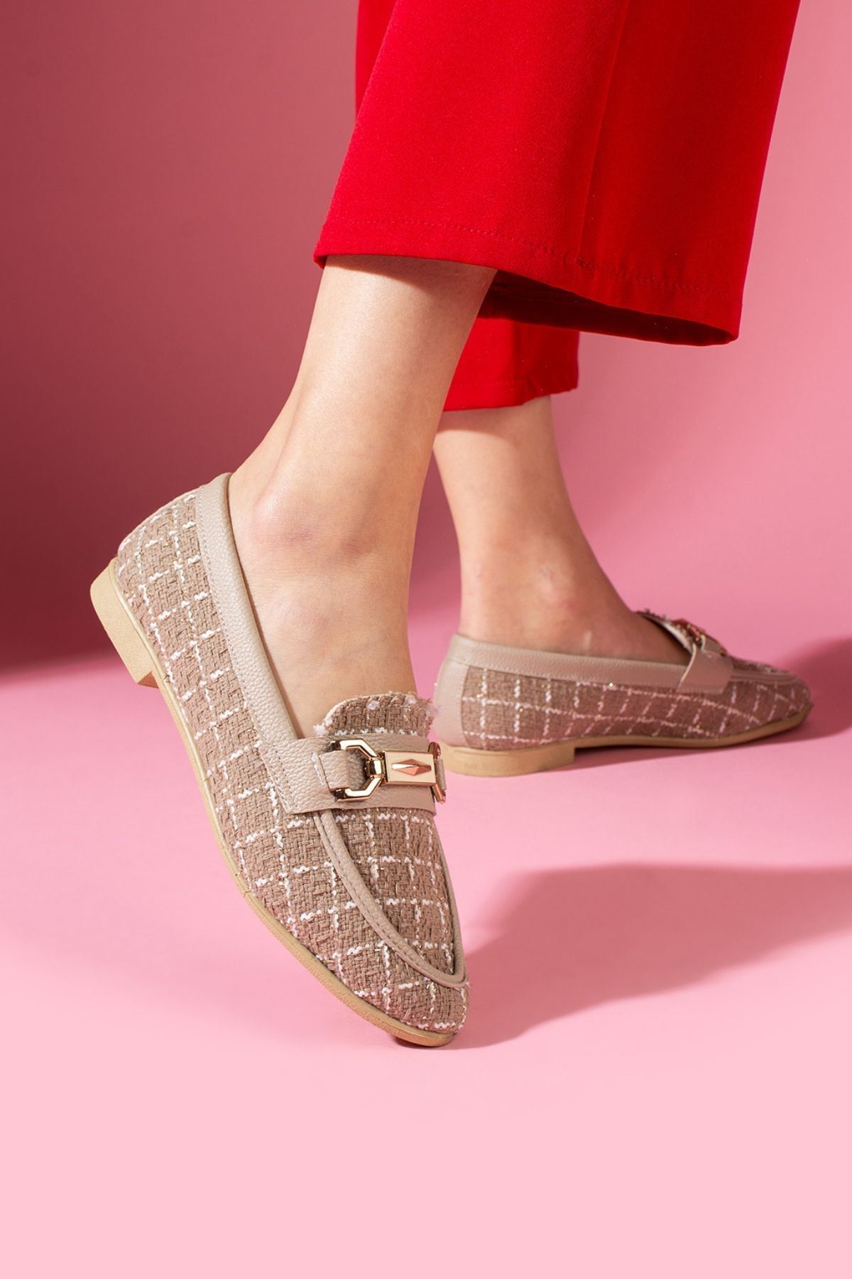 Cassia Vizon Simli Kumaş Gold Zincir Aksesuarlı Loafer Babet