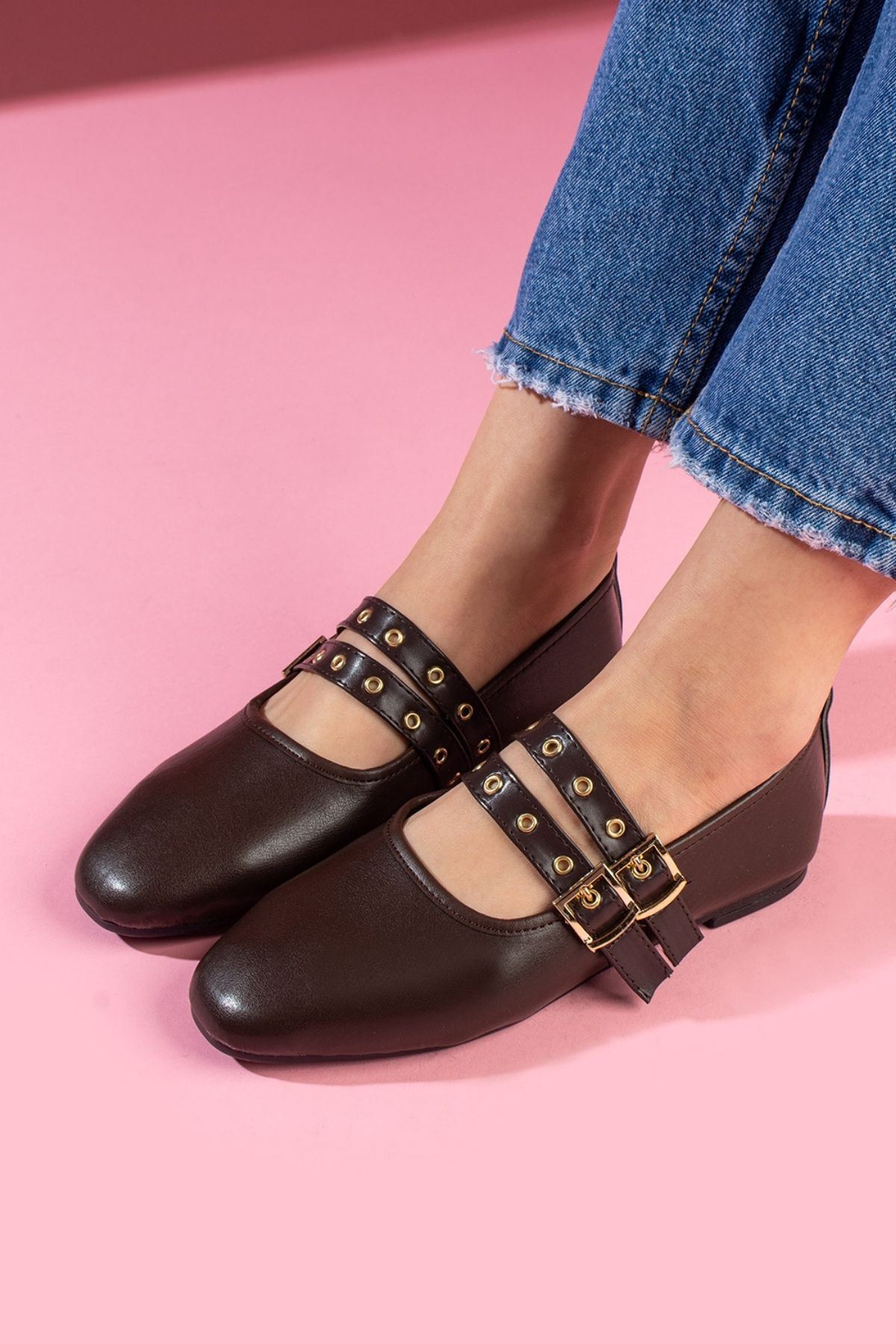 Rovigo Kahverengi Cilt Gold Tokalı Çift Bant Babet