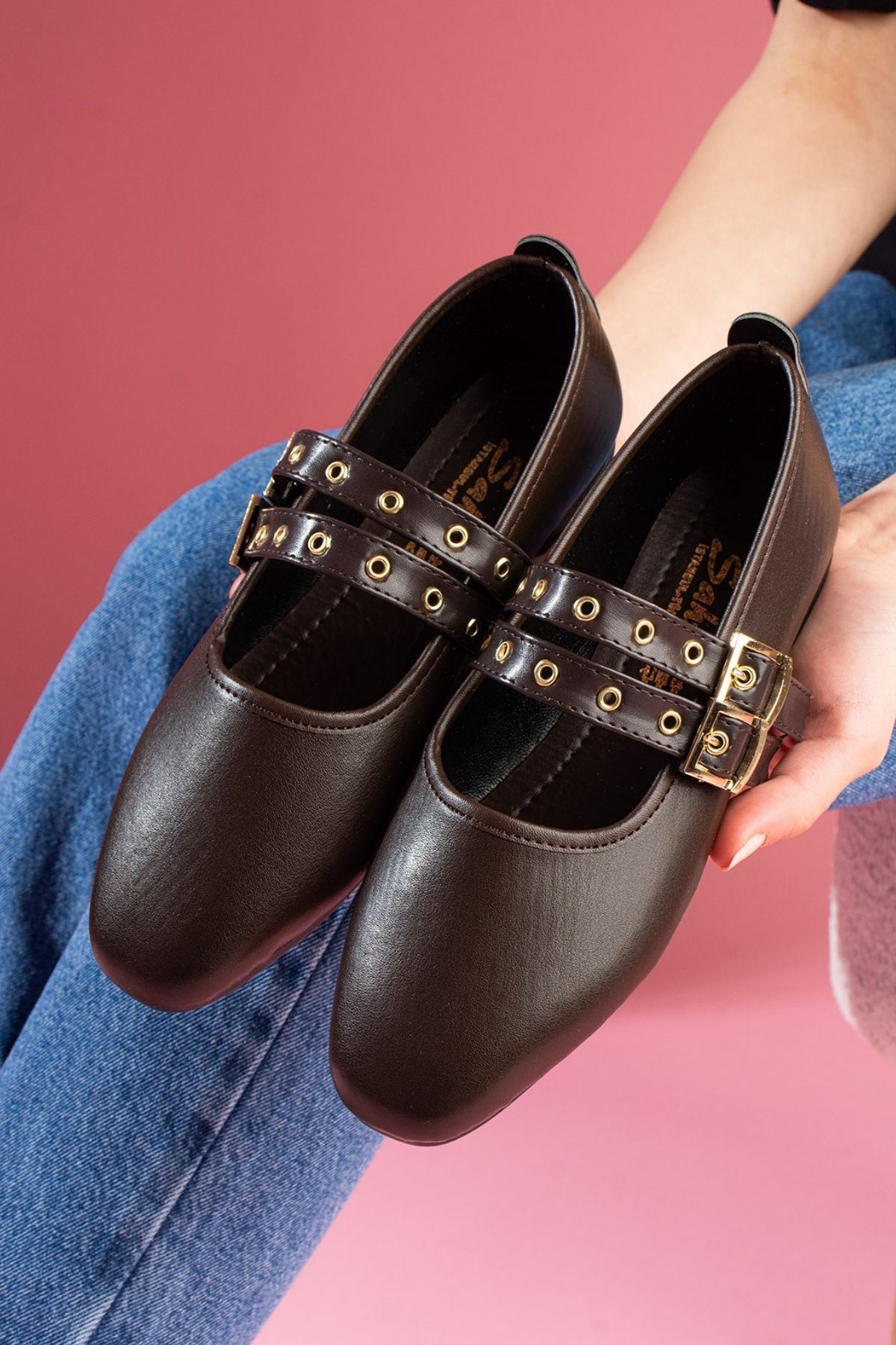 Rovigo Kahverengi Cilt Gold Tokalı Çift Bant Babet