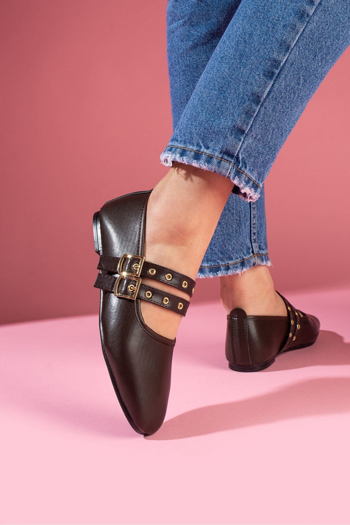 Rovigo Kahverengi Cilt Gold Tokalı Çift Bant Babet