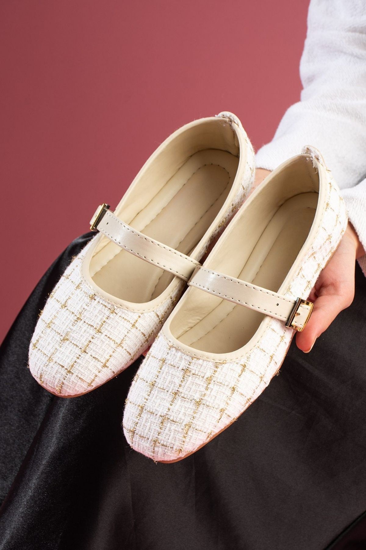 Minerva Bej Simli Kumaş Gold Tokalı Kemer Bantlı Babet