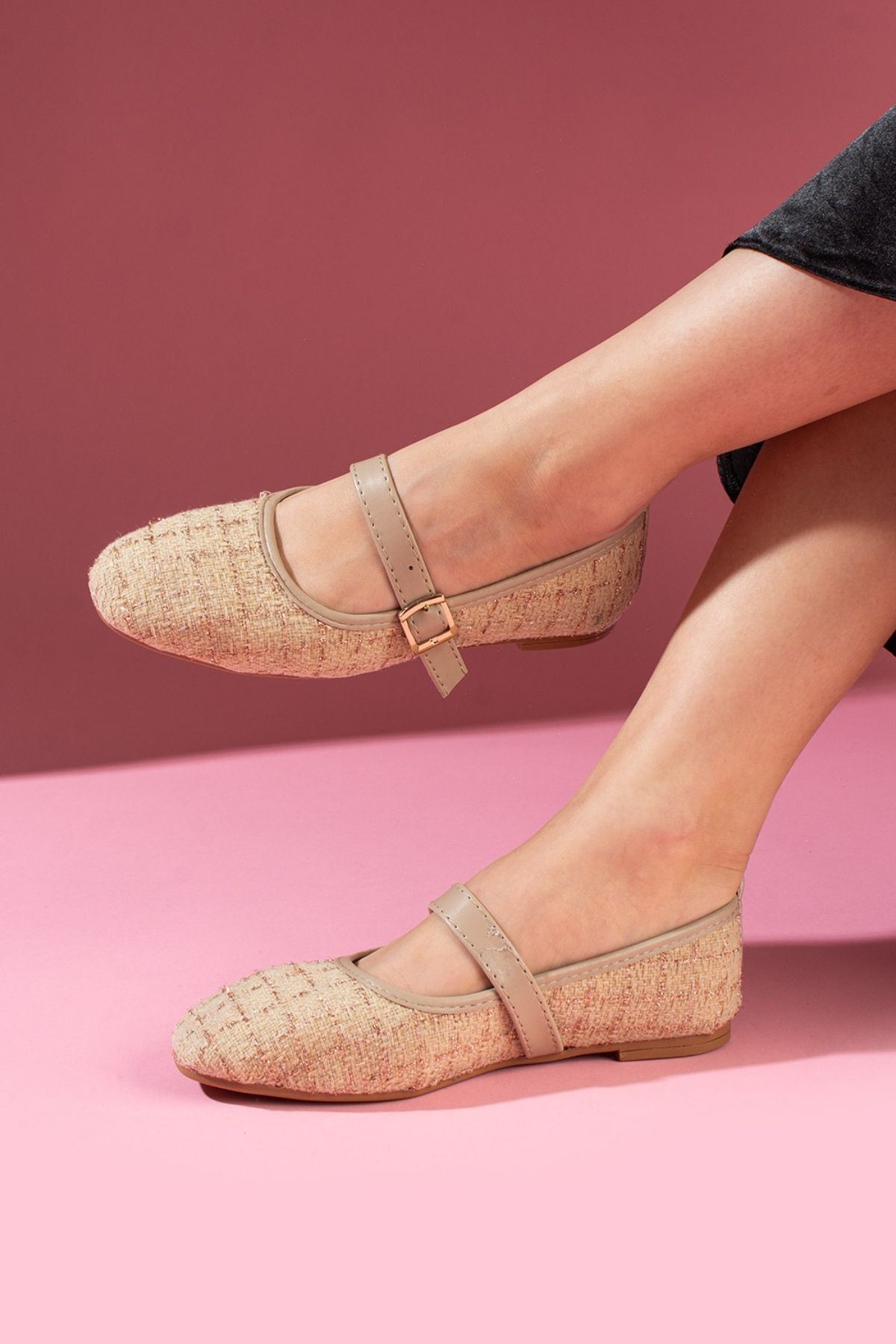 Minerva Vizon Simli Kumaş Gold Tokalı Kemer Bantlı Babet