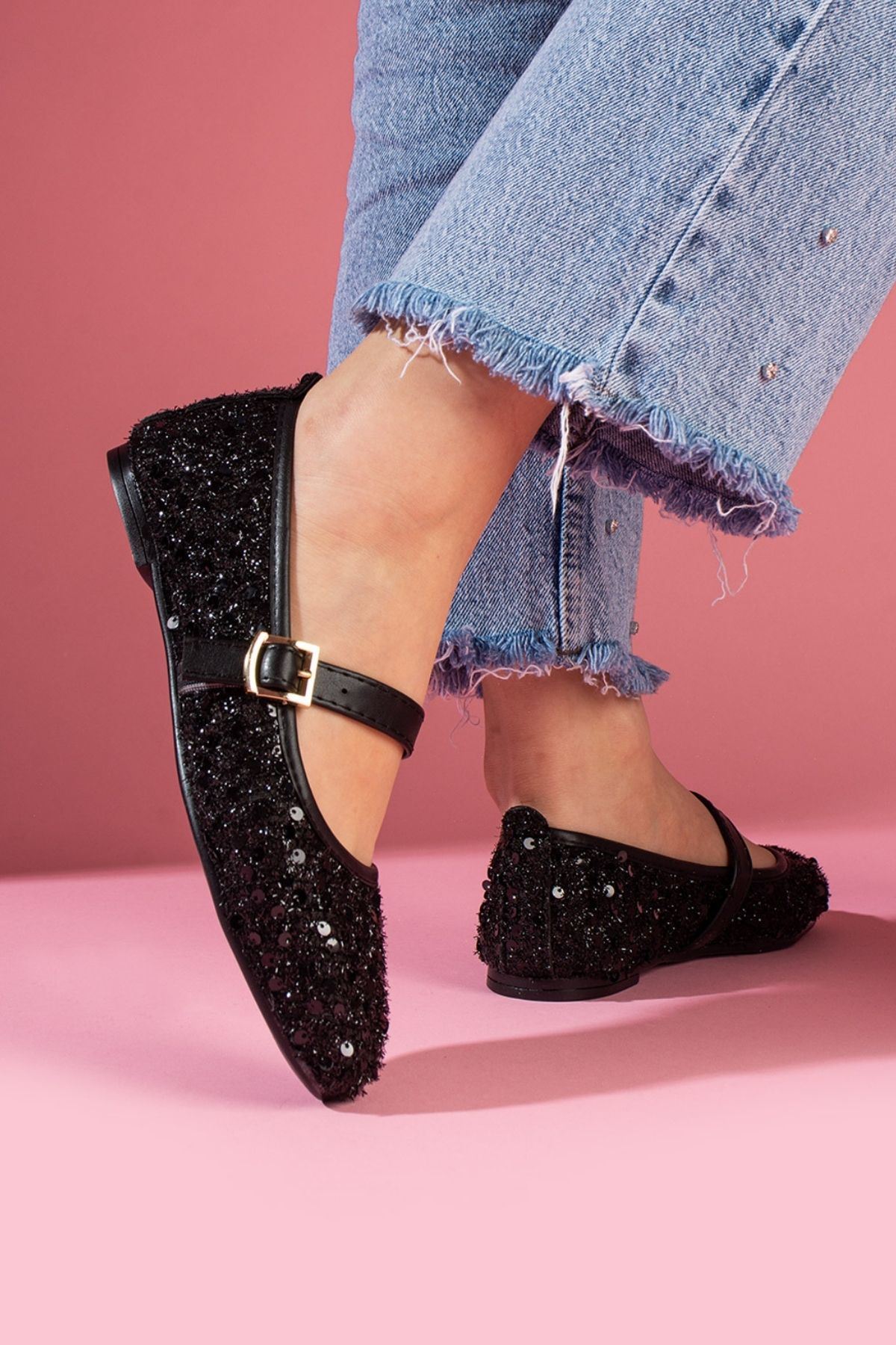 Aurora Siyah Pullu Payetli Gold Tokalı Tek Bant Babet