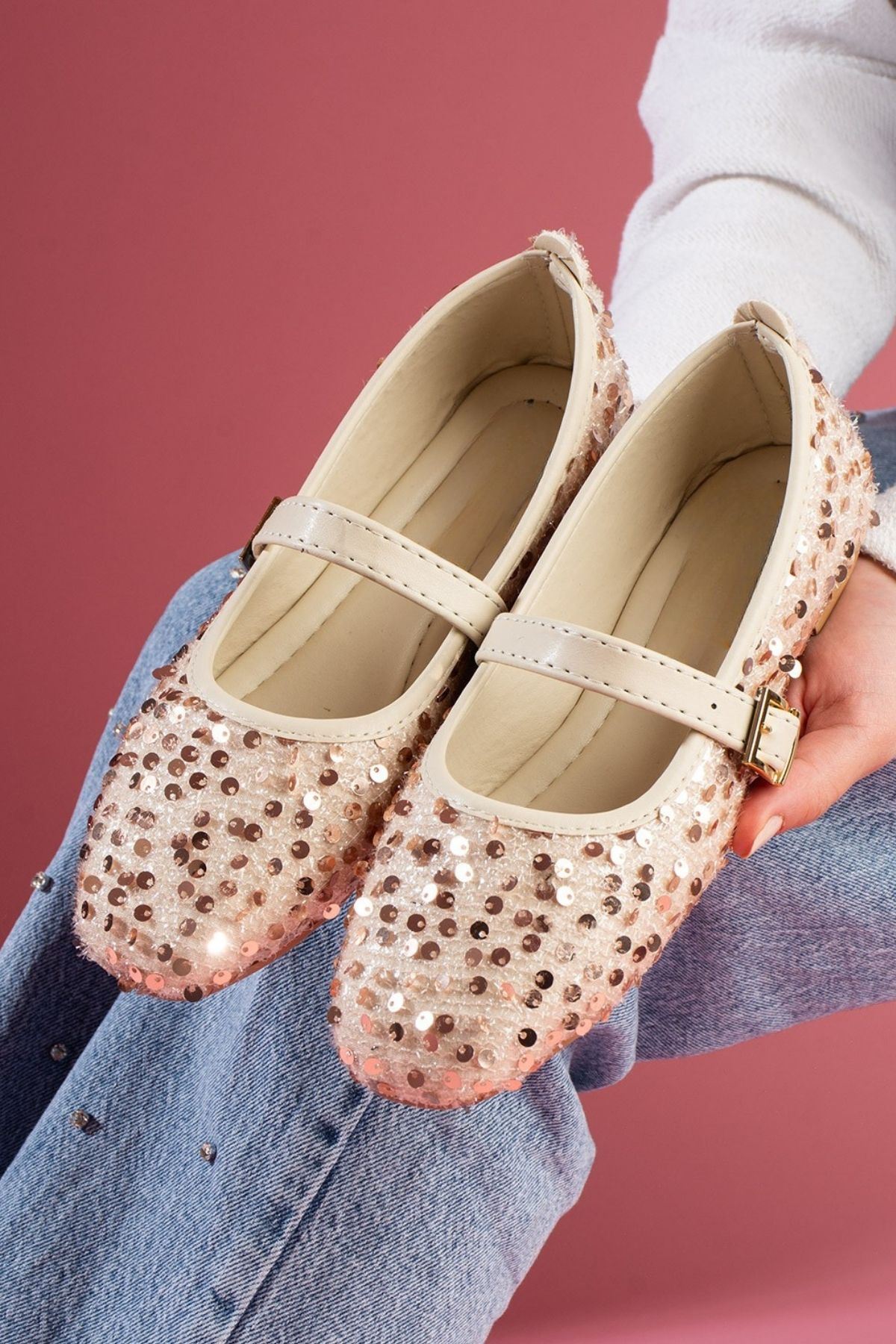 Aurora Bej Altın Pullu Payetli Gold Tokalı Tek Bant Babet