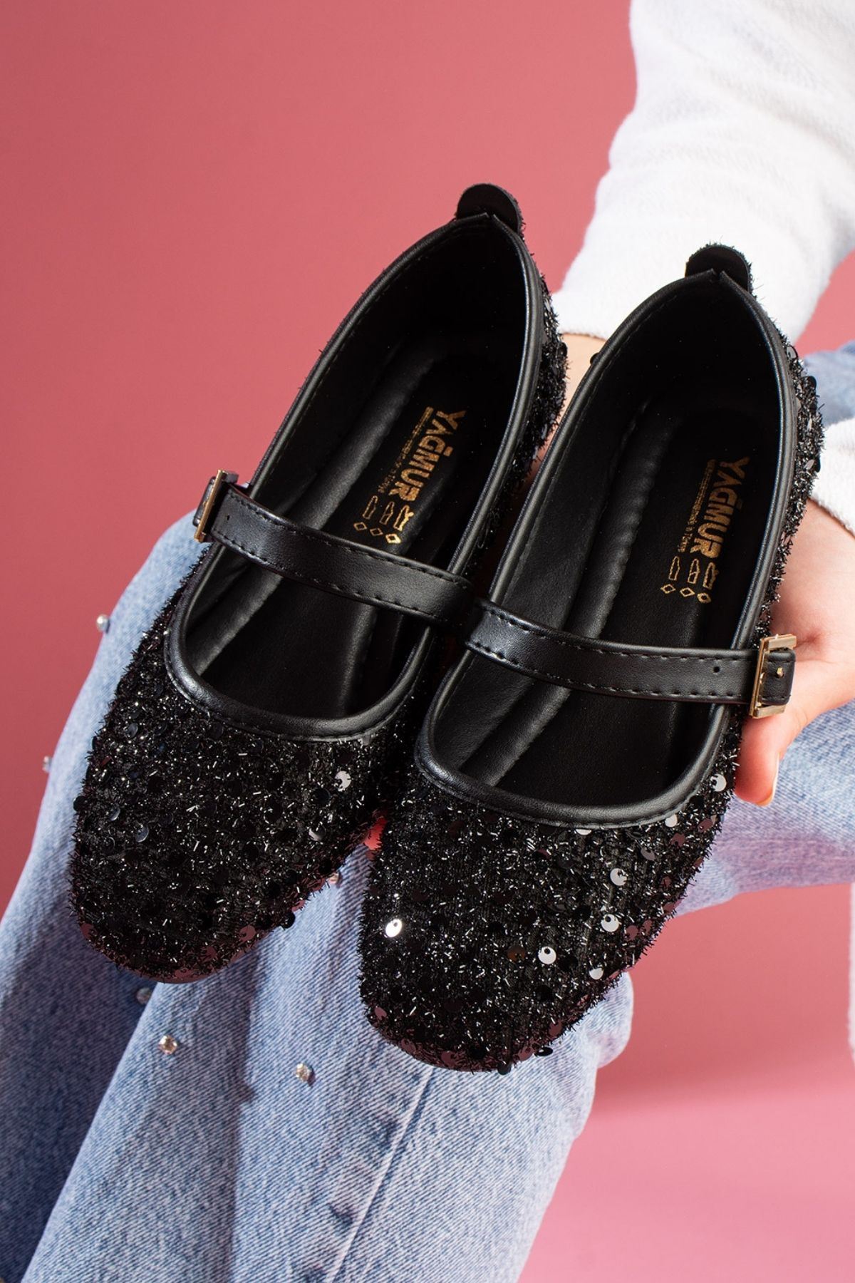 Aurora Siyah Pullu Payetli Gold Tokalı Tek Bant Babet