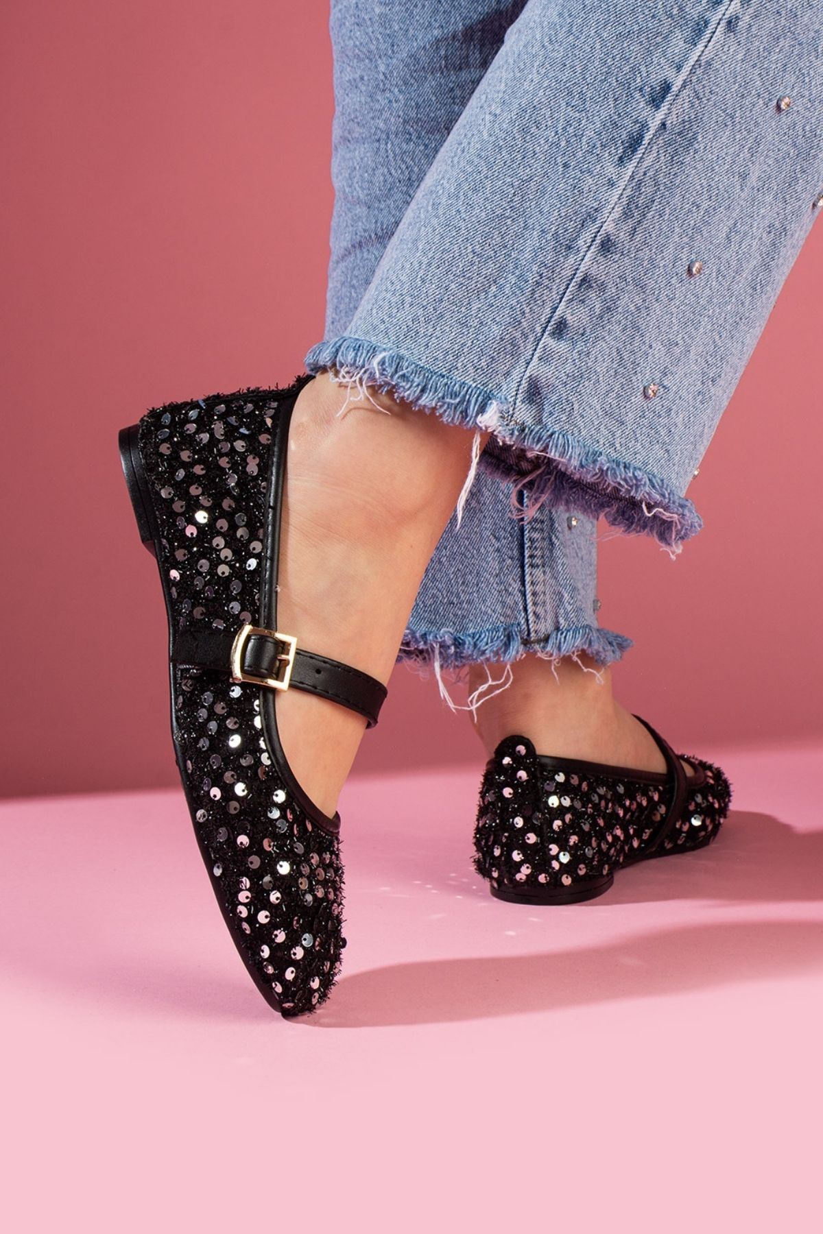 Aurora Siyah Gümüş Pullu Payetli Gold Tokalı Tek Bant Babet