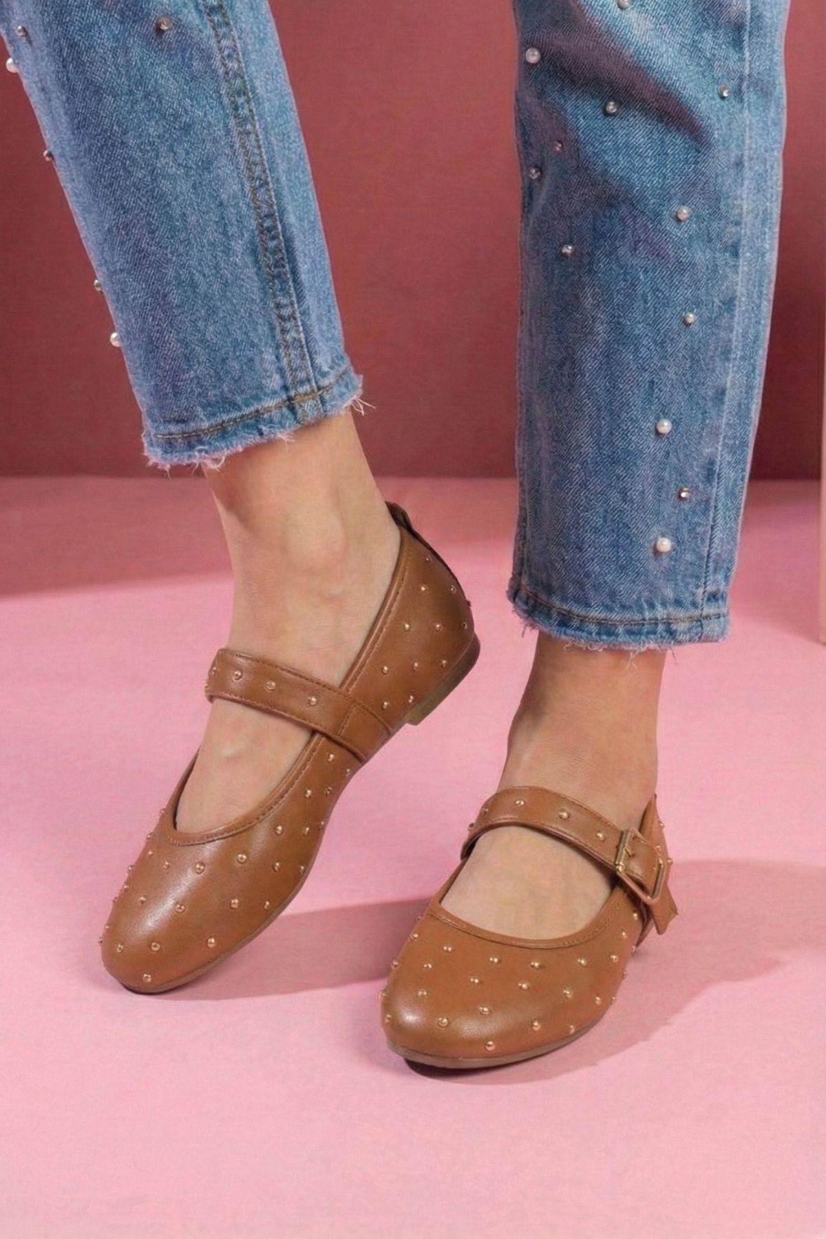 Kroma Taba Cilt Metal Mini Troklu Kemerli Premium Babet