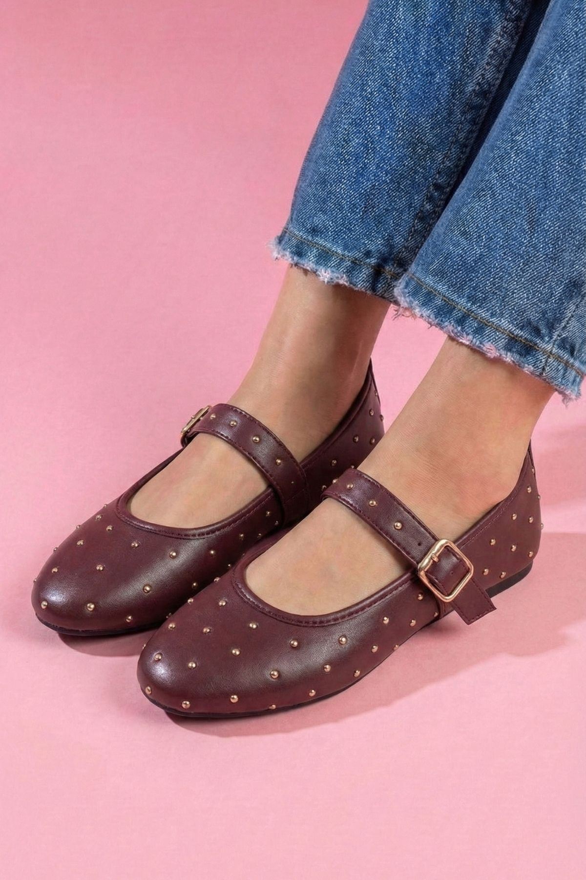 Kroma Bordo Cilt Metal Mini Troklu Kemerli Premium Babet