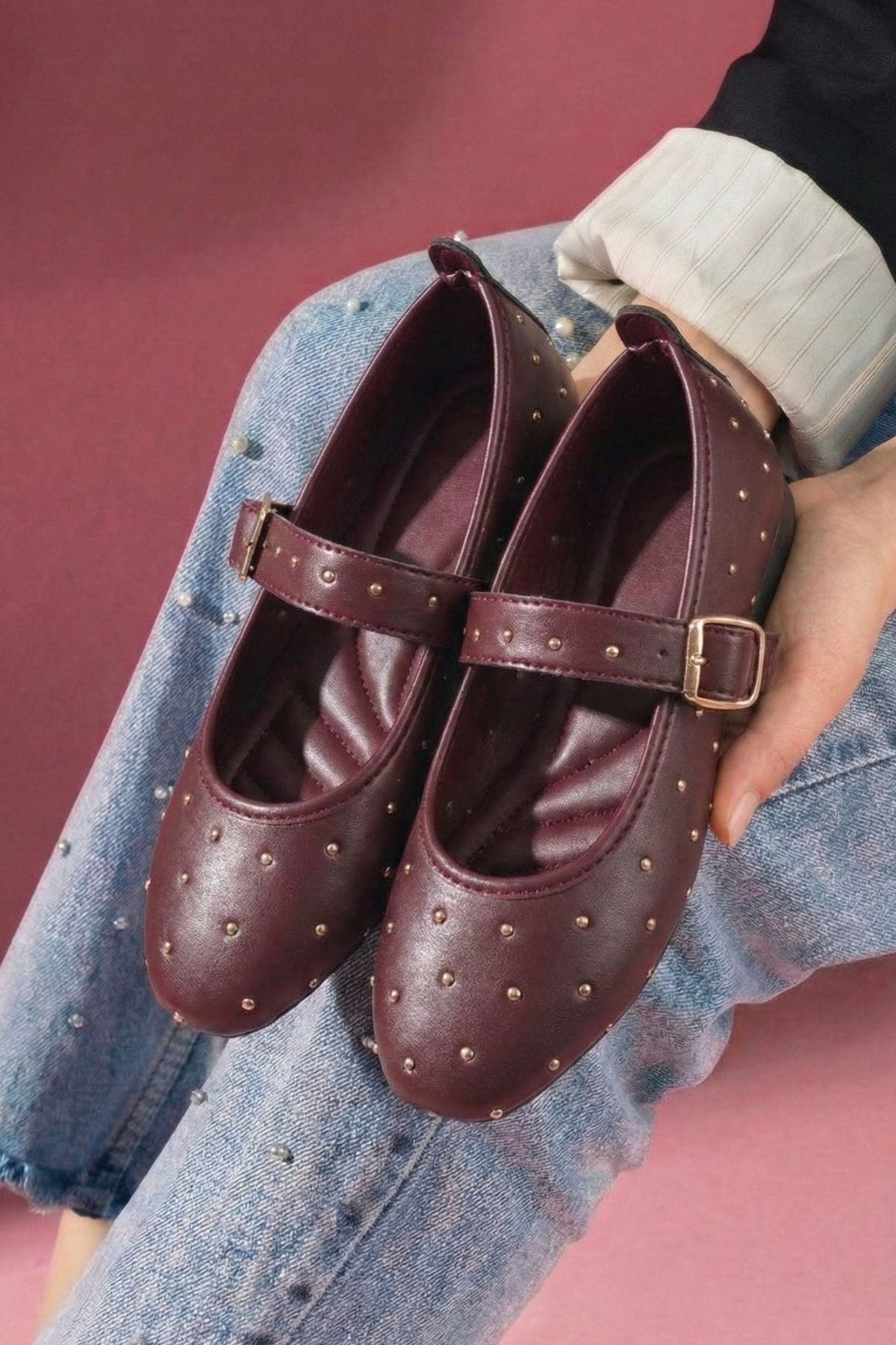 Kroma Bordo Cilt Metal Mini Troklu Kemerli Premium Babet