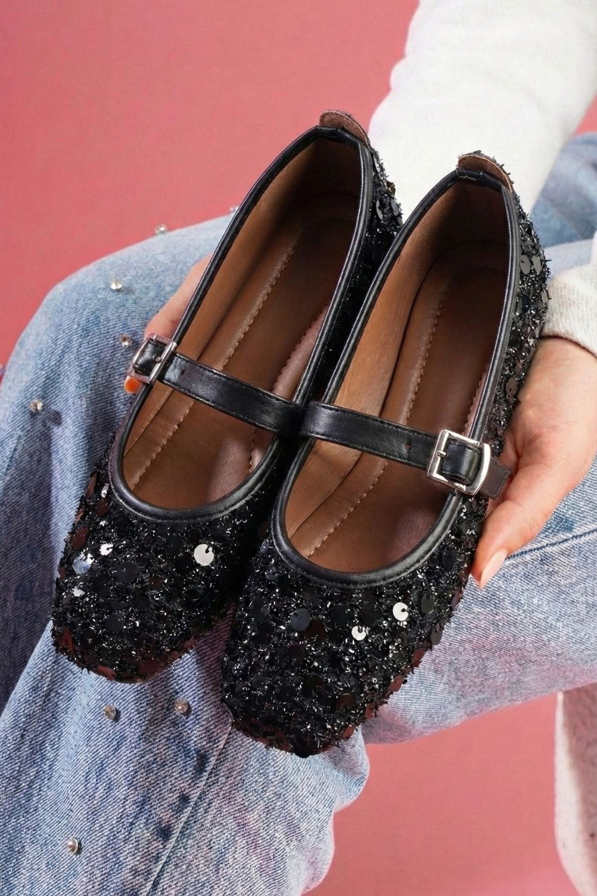 Solaro Siyah Pullu Payetli Nikel Tokalı Tek Bant Babet