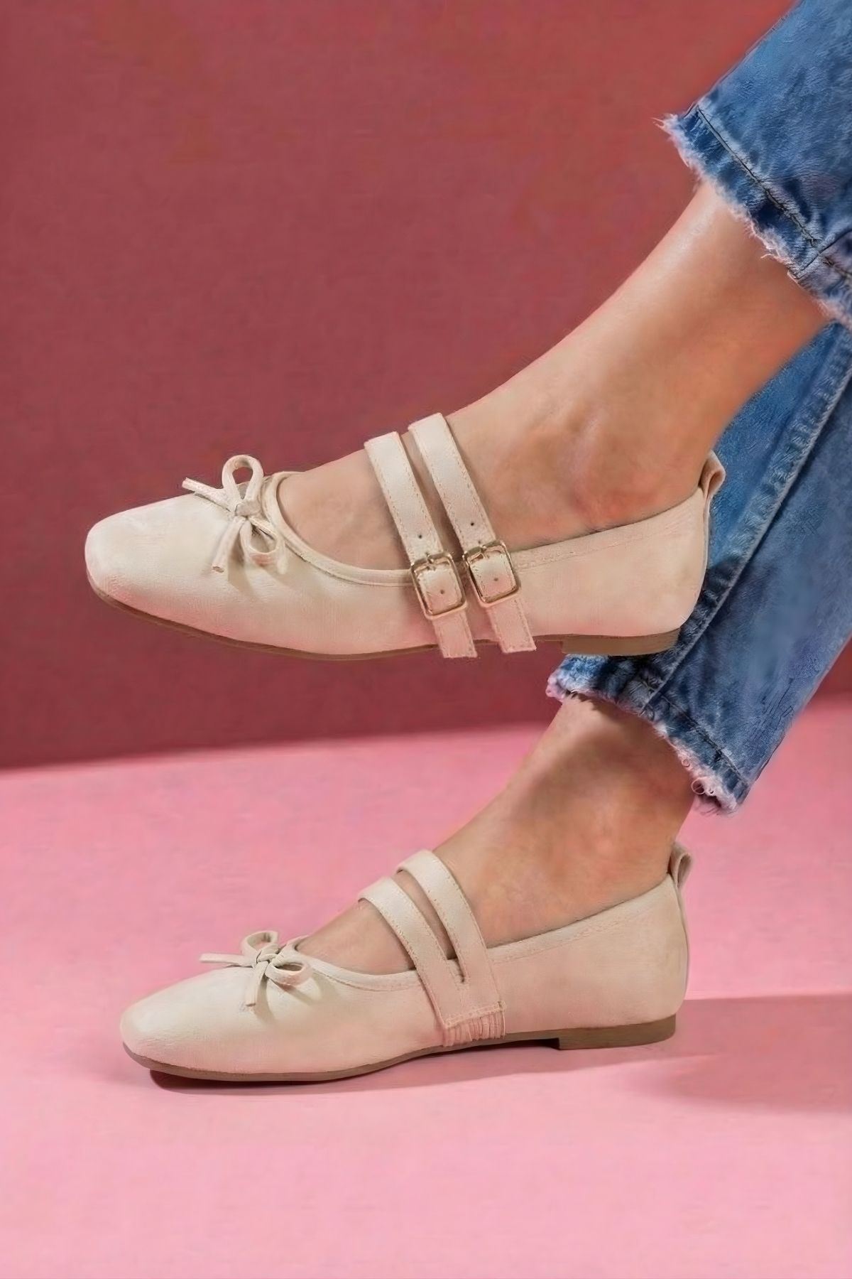 Eterna Bej Cilt Fiyonklu Gold Tokalı Çift Bant Babet