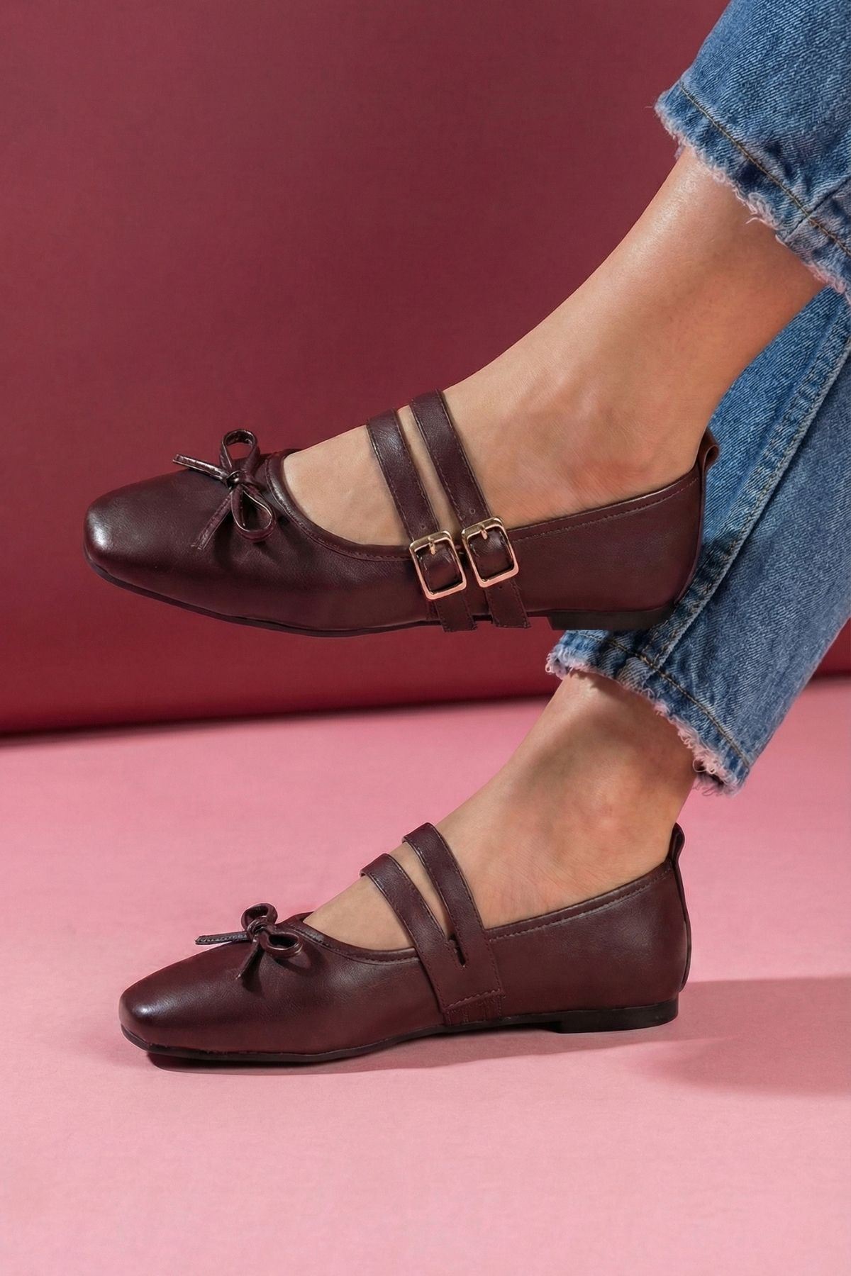 Eterna Kahverengi Cilt Fiyonklu Gold Tokalı Çift Bant Babet