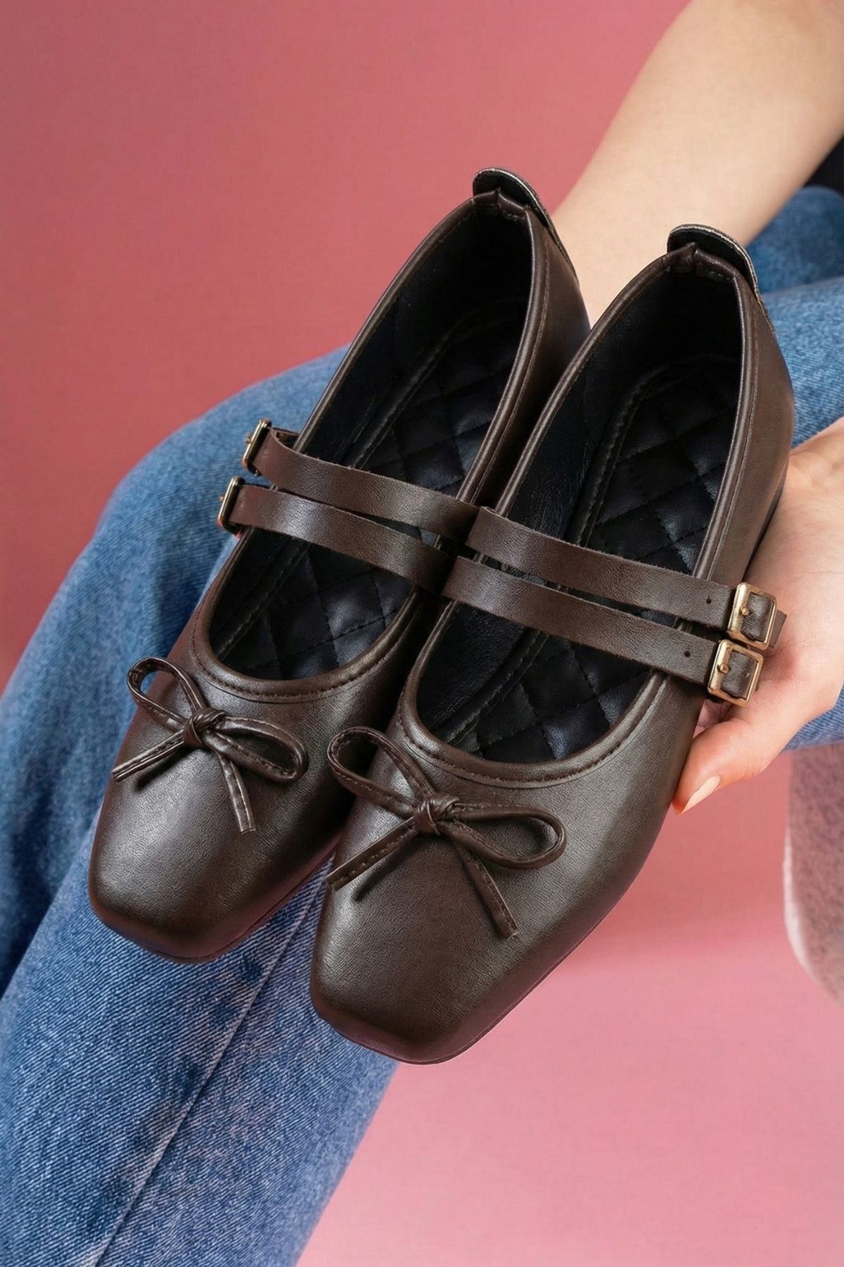 Eterna Kahverengi Cilt Fiyonklu Gold Tokalı Çift Bant Babet