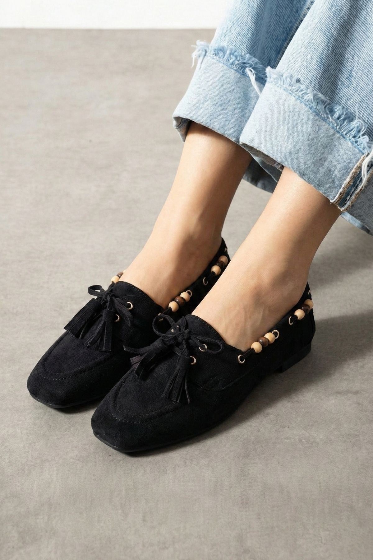 Tessora Siyah Süet Boncuk Detaylı Püsküllü Bağcıklı Loafer Babet Günlük Ayakkabı