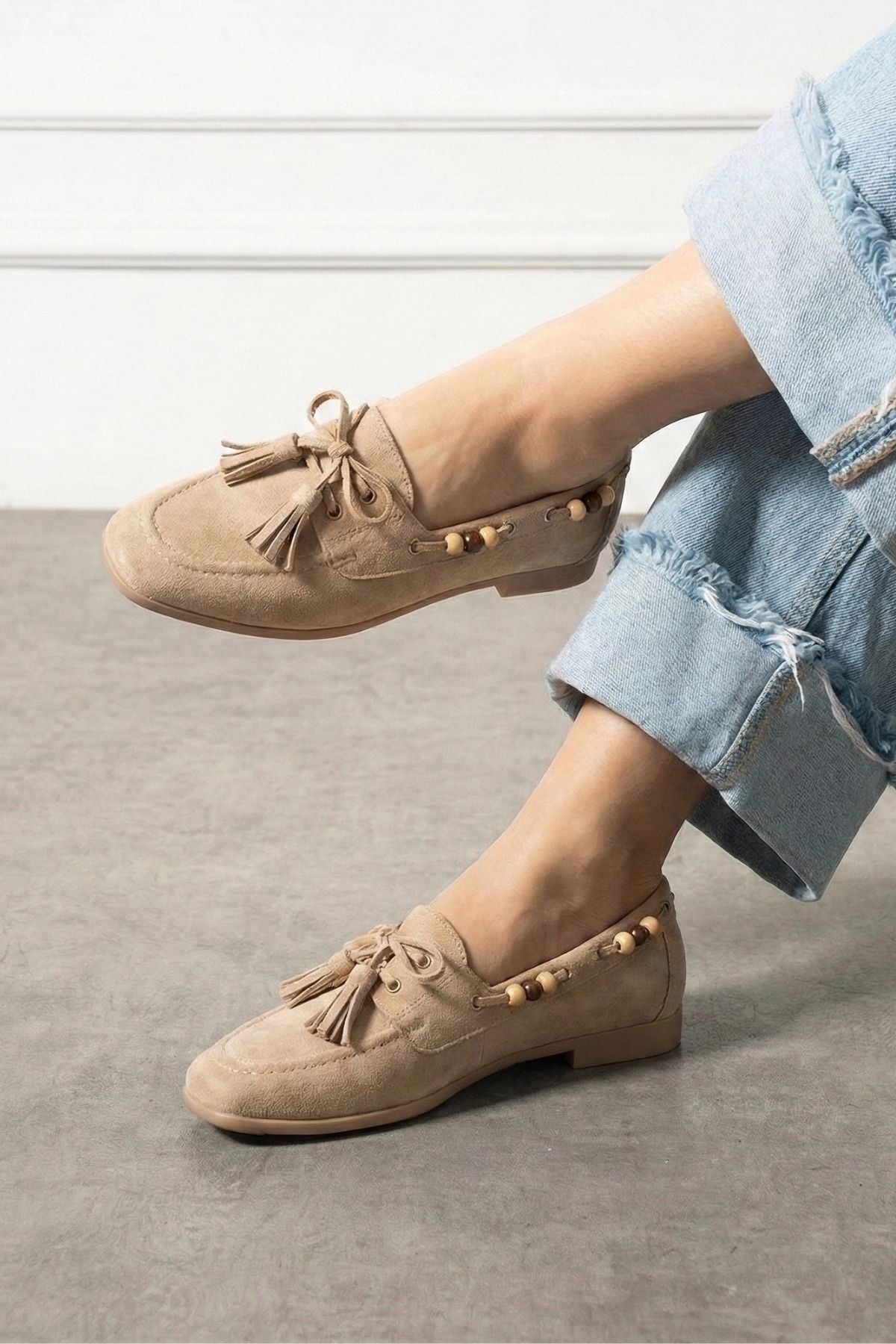 Tessora Vizon Süet Boncuk Detaylı Püsküllü Bağcıklı Loafer Babet Günlük Ayakkabı