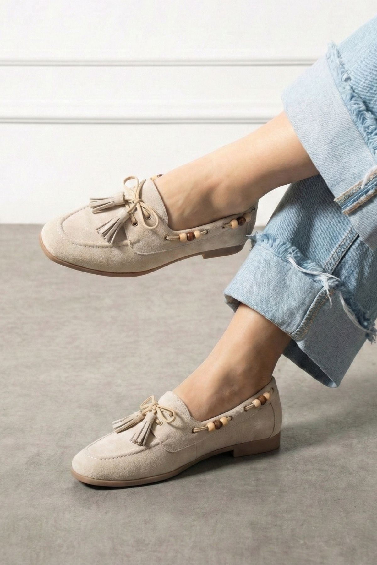 Tessora Bej Süet Boncuk Detaylı Püsküllü Bağcıklı Loafer Babet Günlük Ayakkabı