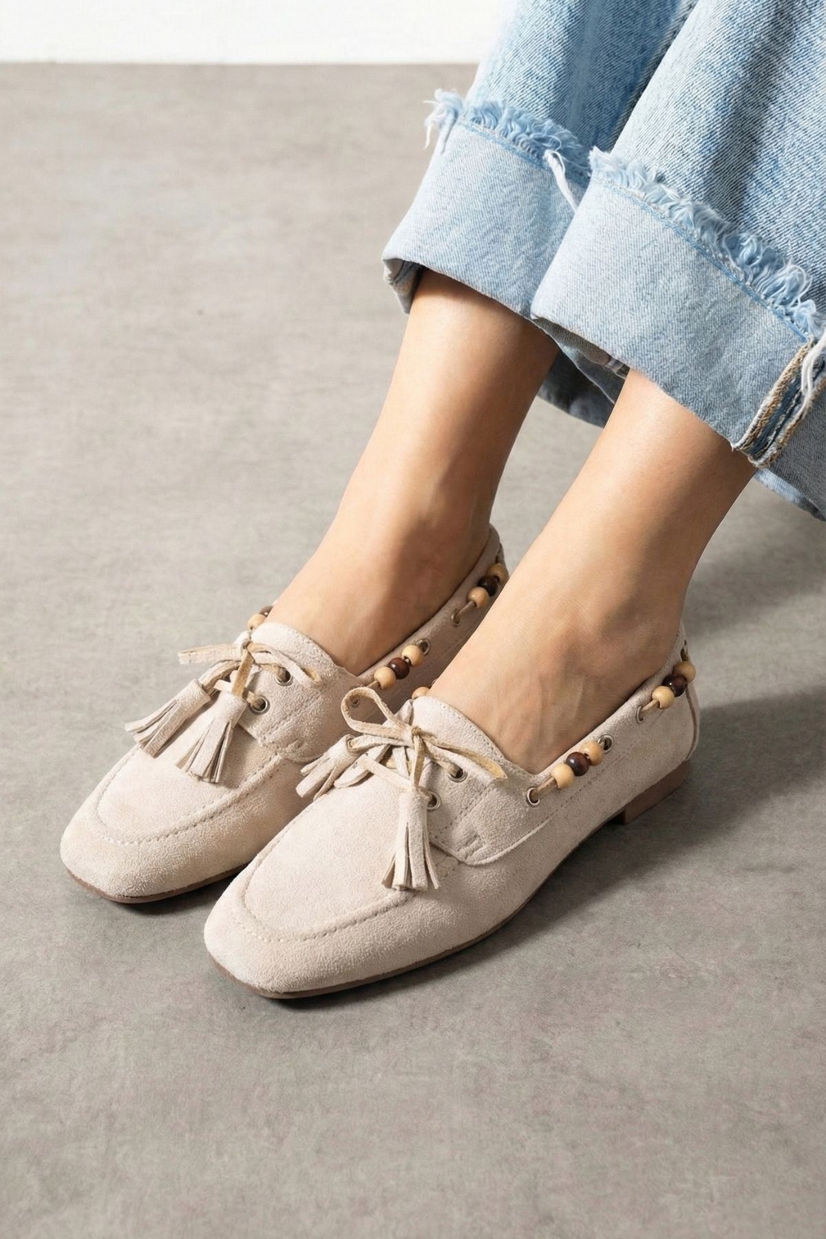 Tessora Bej Süet Boncuk Detaylı Püsküllü Bağcıklı Loafer Babet Günlük Ayakkabı