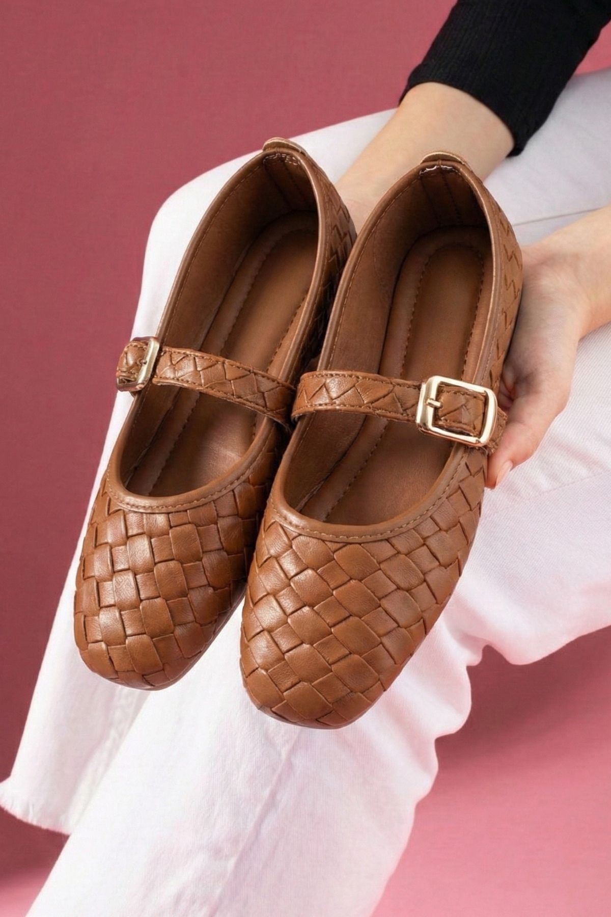 Toledo Taba Cilt Örgü Dokulu Nikel Tokalı Kemer Bantlı Babet