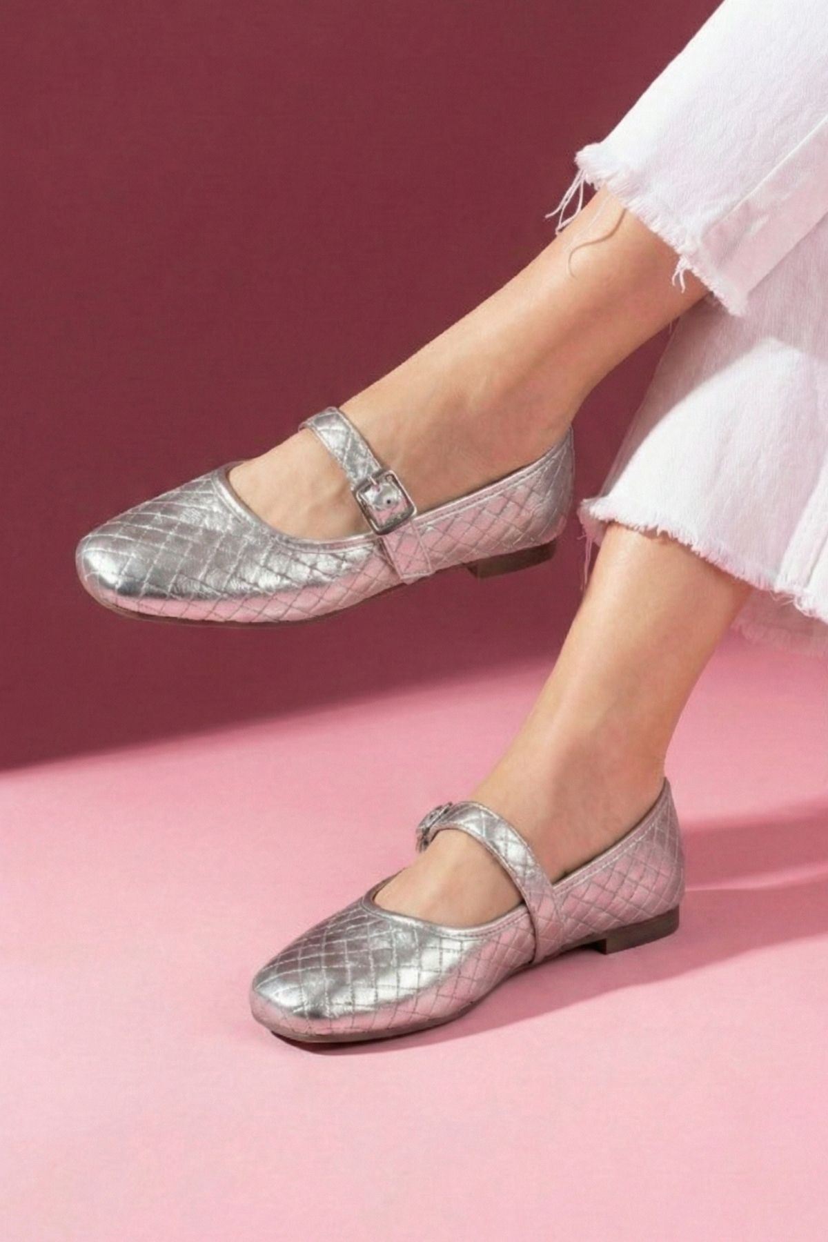 Toledo Gümüş Cilt Örgü Dokulu Nikel Tokalı Kemer Bantlı Babet