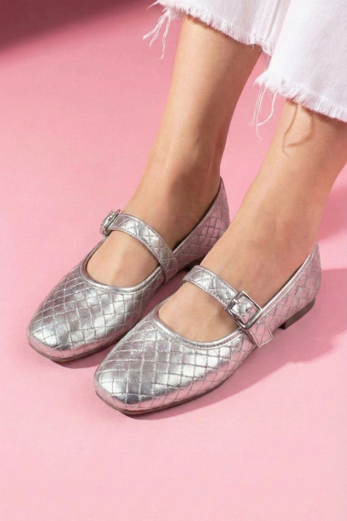 Toledo Gümüş Cilt Örgü Dokulu Nikel Tokalı Kemer Bantlı Babet