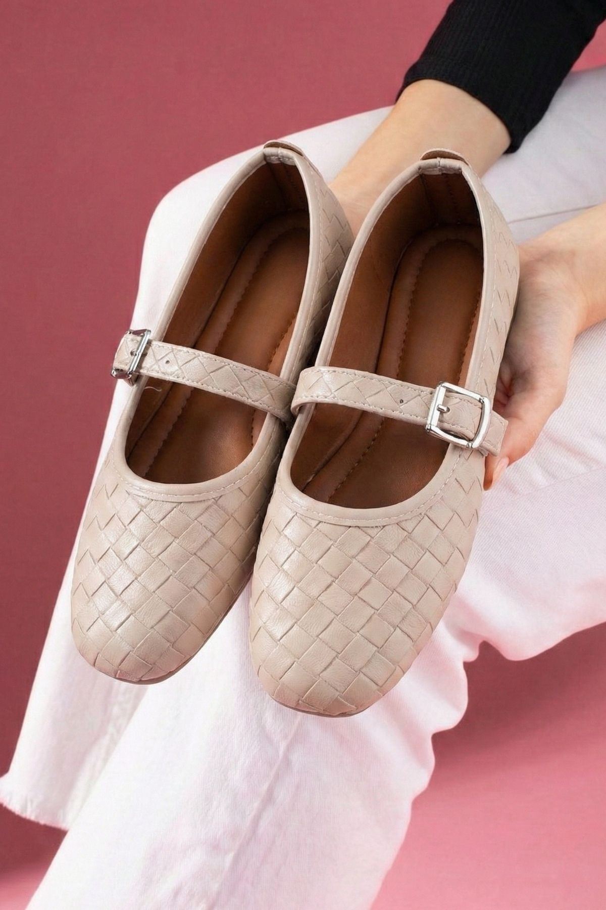 Toledo Bej Cilt Örgü Dokulu Nikel Tokalı Kemer Bantlı Babet