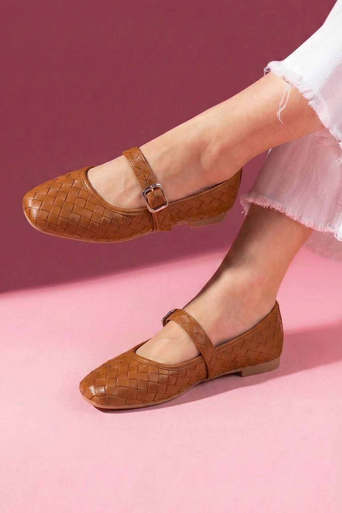 Toledo Taba Cilt Örgü Dokulu Nikel Tokalı Kemer Bantlı Babet