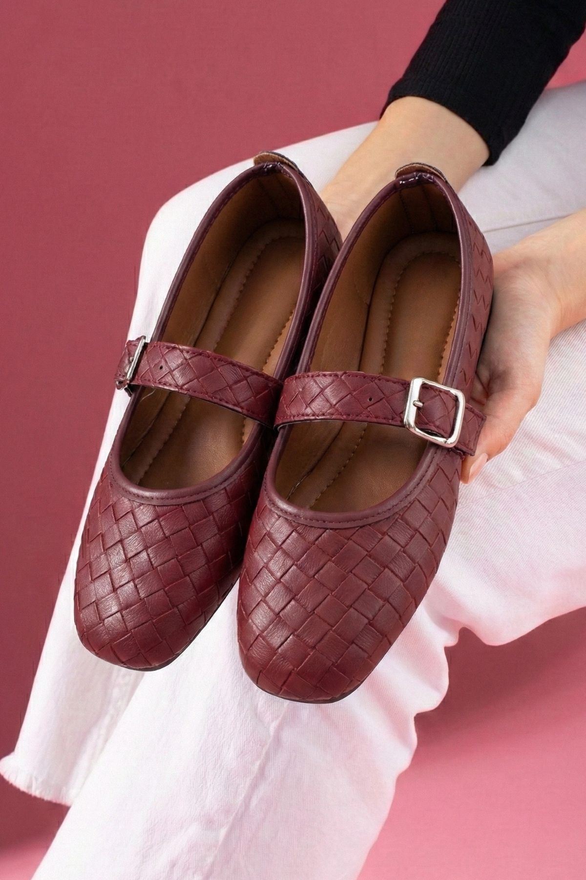 Toledo Bordo Cilt Örgü Dokulu Nikel Tokalı Kemer Bantlı Babet