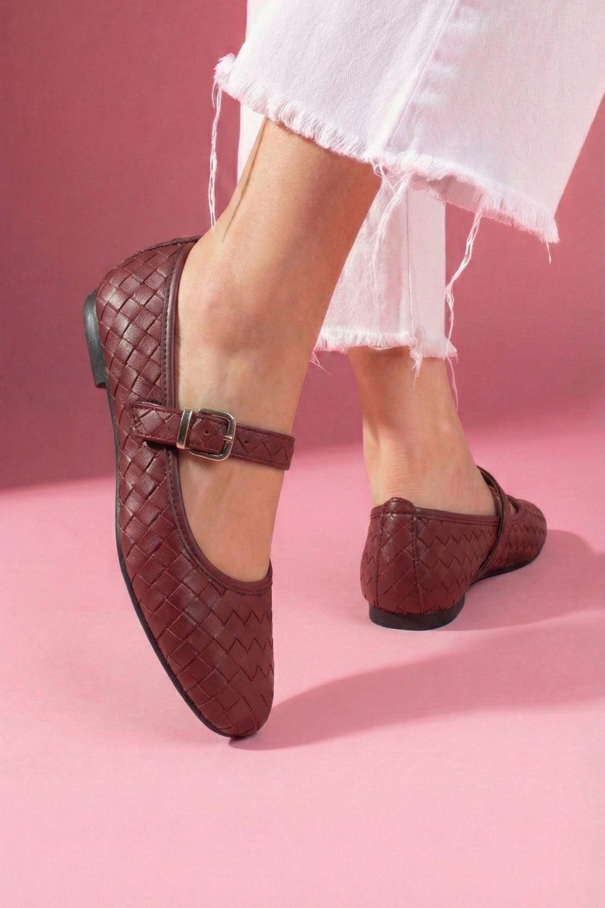 Toledo Bordo Cilt Örgü Dokulu Nikel Tokalı Kemer Bantlı Babet