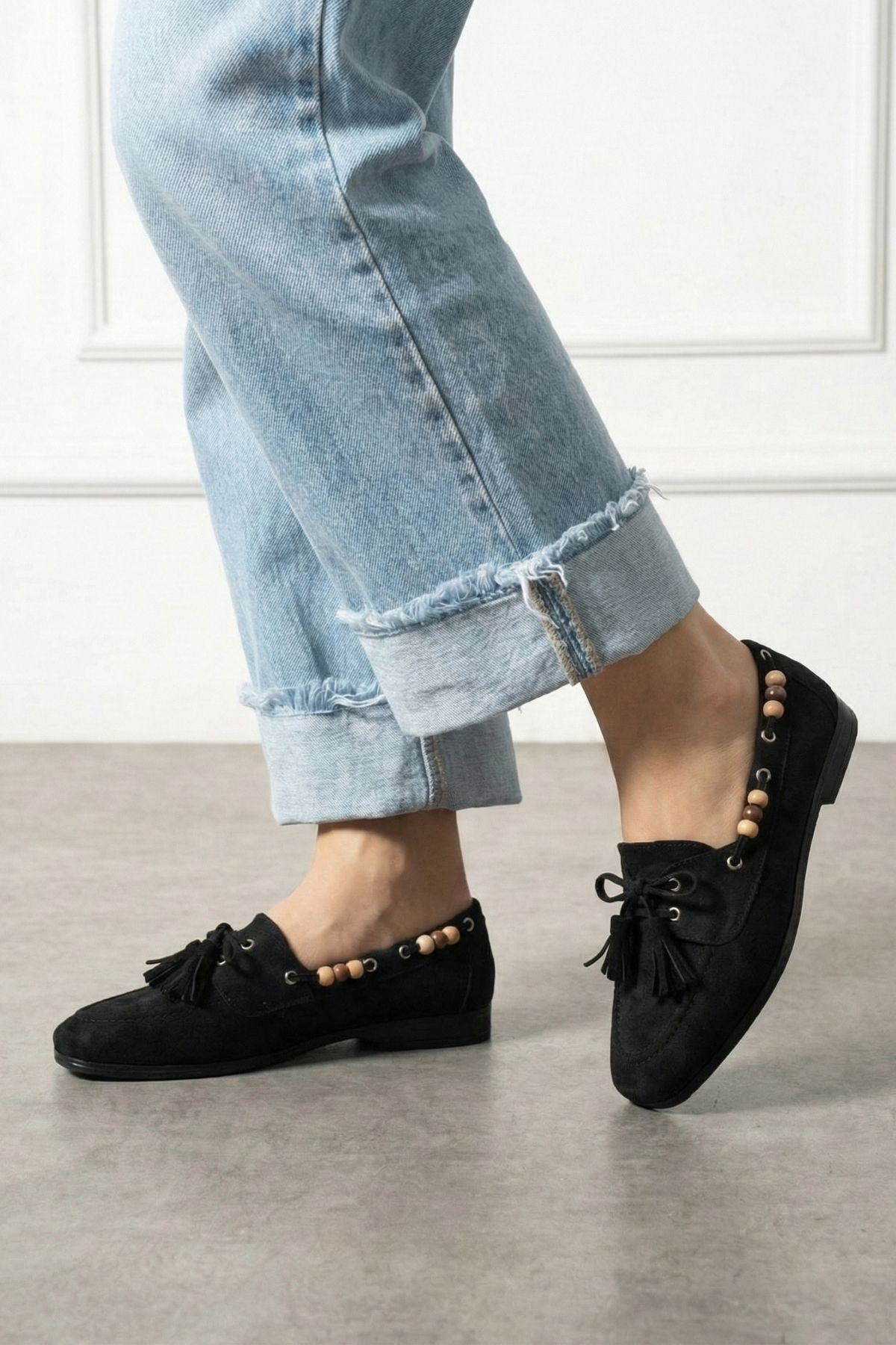 Tessora Siyah Süet Boncuk Detaylı Püsküllü Bağcıklı Loafer Babet Günlük Ayakkabı